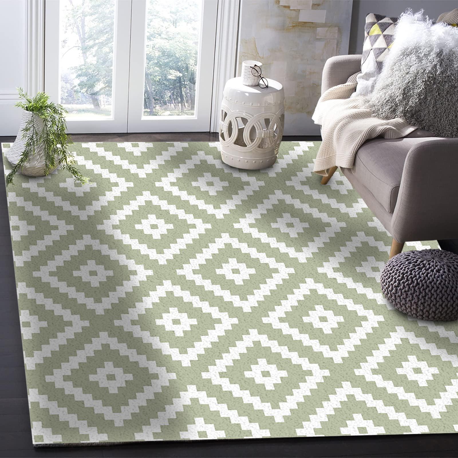 Debedcor Sage Green Geometric Area Rug for Living Room, Rectangular Indoor Carpet - 2'7" x 5', White Block Modern Abstract Art Non-Skid Bathroom Mat Kitchen Runner Rugs for Bedroom
