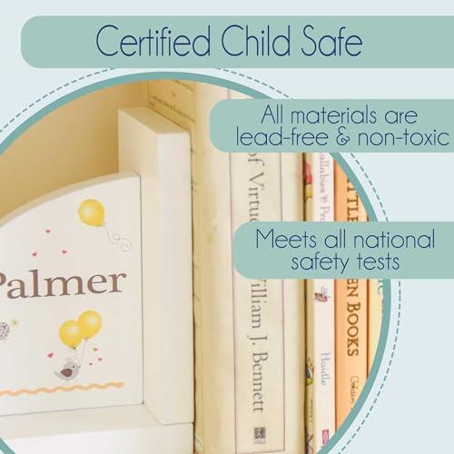 My Bambino Personalized Bookends Custom White Wood Book Ends for Children\'s Books (Rocket and Planets)