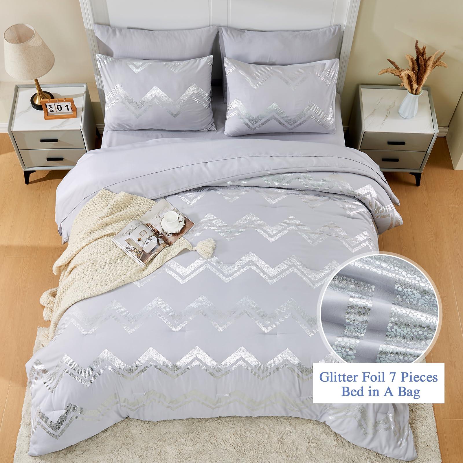 Wowelife Wowelife 6 Pieces Silver Grey Twin Comforter Set Gray Kids Twin XL Comforter Bedding Sets College Dorm for Girls & Boys Bed in A Bag Glitter with Sheets for Kids, 2 Pillow Shams and 1 Pillow Case
