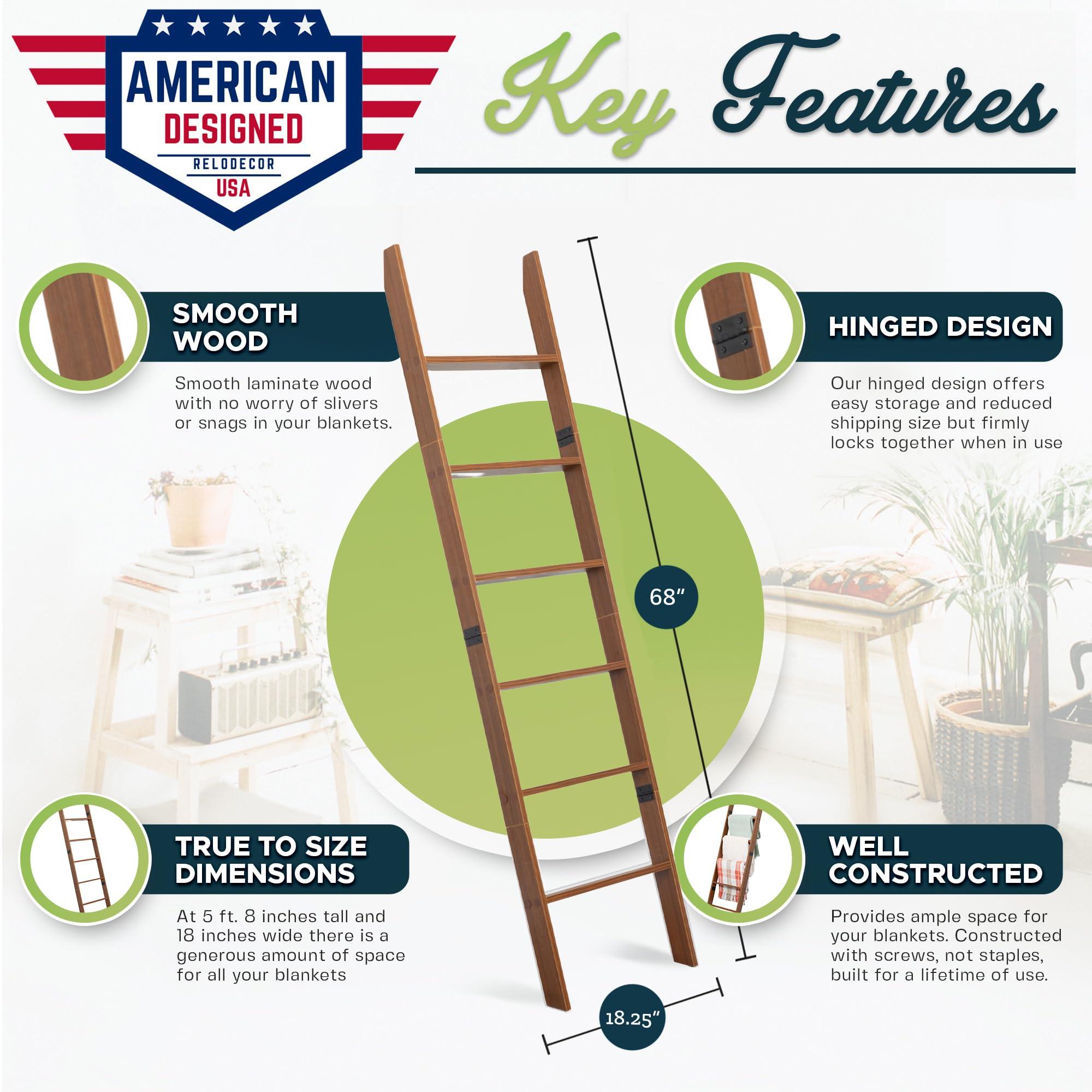 RELODECOR Blanket Ladder for Living Room and Bedroom, 5ft 8 inch, 6-Tier Wall Leaning Laminate Snag Free Construction (Brown) Rustic Decorative Farmhouse Blanket Storage, Quilt Rack, Ladder Shelf, Easy Assembly