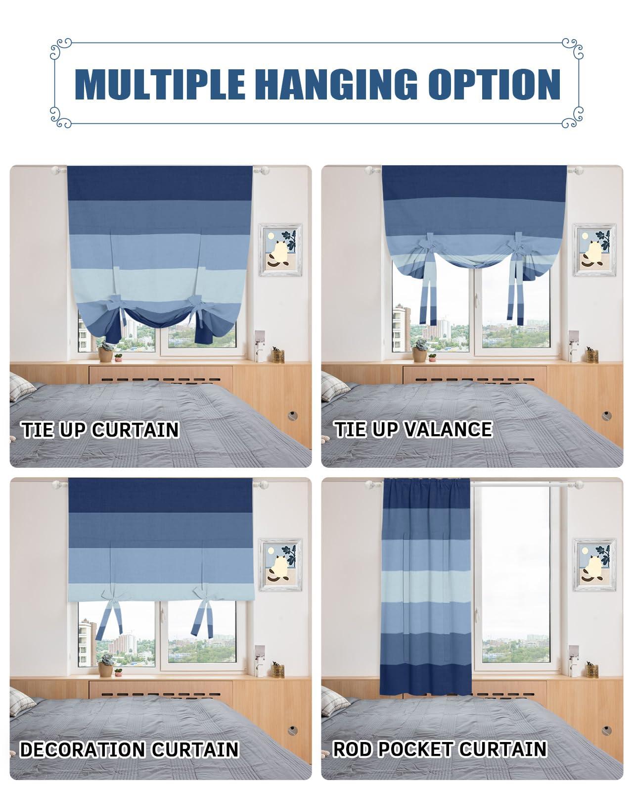 Singingin Singingin Tie Up Curtains Tie Up Window Shade, Navy Blue Gradient Stripes Adjustable Balloon Curtains Blackout Tie Up Curtains for Windows Rod Pocket Panel, 46" W x 63" L