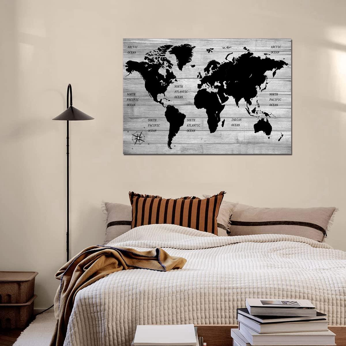 TAOMI World Map Black Grey White Wooden Grain Painting Artwork for Office Bedroom Wall Art Poster Large Frame Home Decorations Greyscale Minimalist Picture