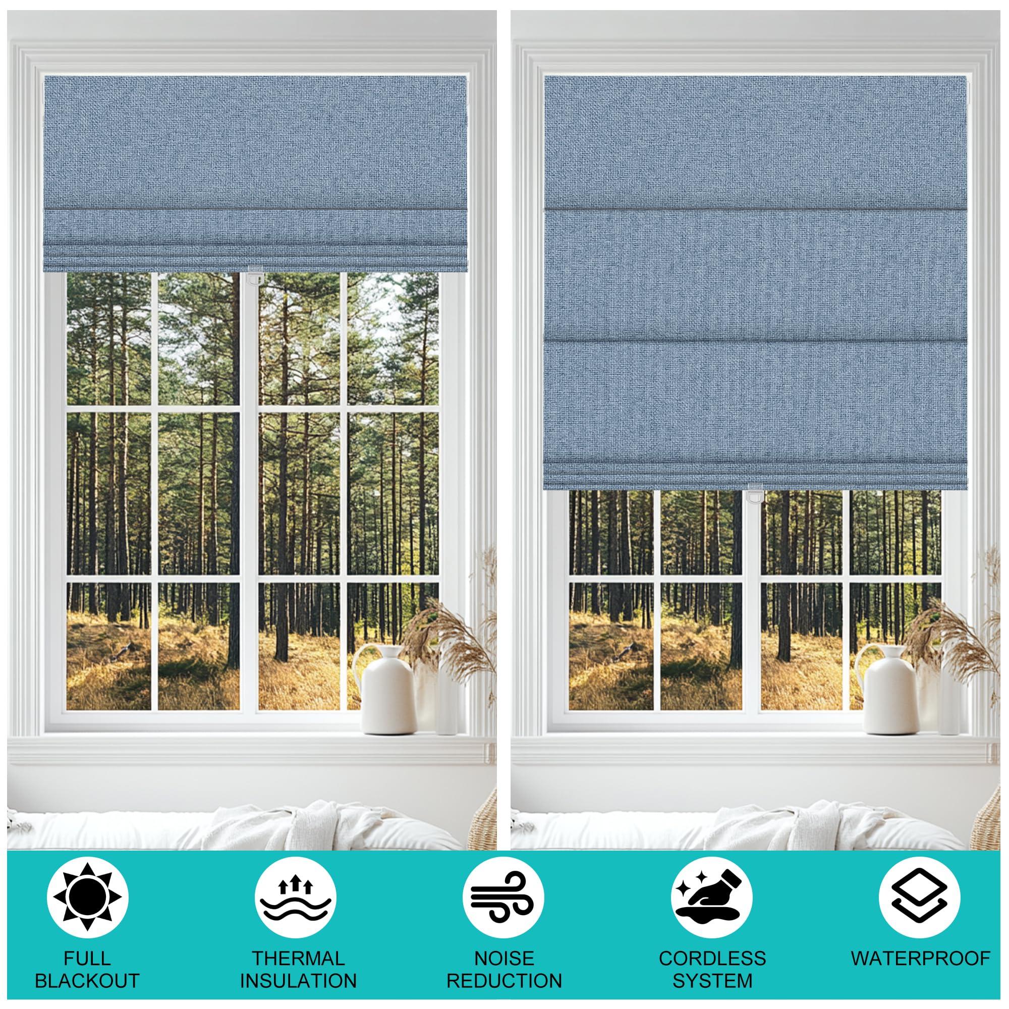 BERISSA BERISSA No Drill Cordless Roman Shades for Window, Blackout Roman Blinds Room Darkening Roll up Blinds Easy Install Linen Roman Window Shades for Inside Mount,69" W x 36" H,Jacquard Blue