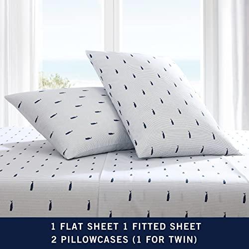 Nautica Nautica - 4PCS,Queen Sheet Set, Cotton Percale Bedding Set, Crisp & Cool, Lightweight & Breathable (Whale Stripe Blue, Queen)