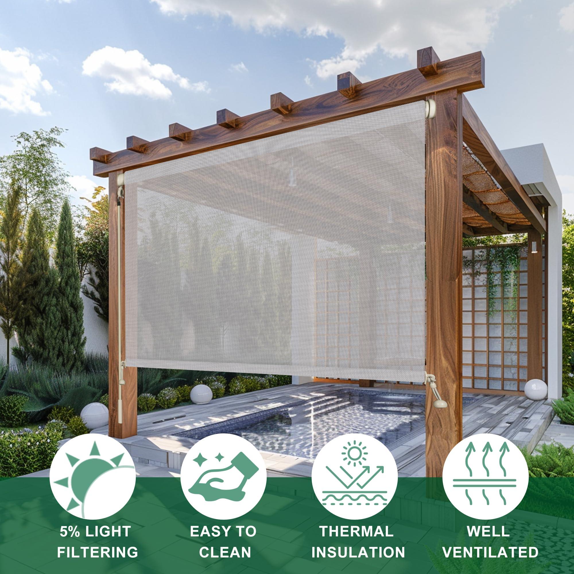 Doing-X Doing-X Outdoor Roller Shade for Patio Shades Roll up Exterior Blinds Cordless Wand Operation Privacy Screen Hand cranking Roller Shades for Porch Pergola Balcony,20" W x 30" H(5% Openness Gray)