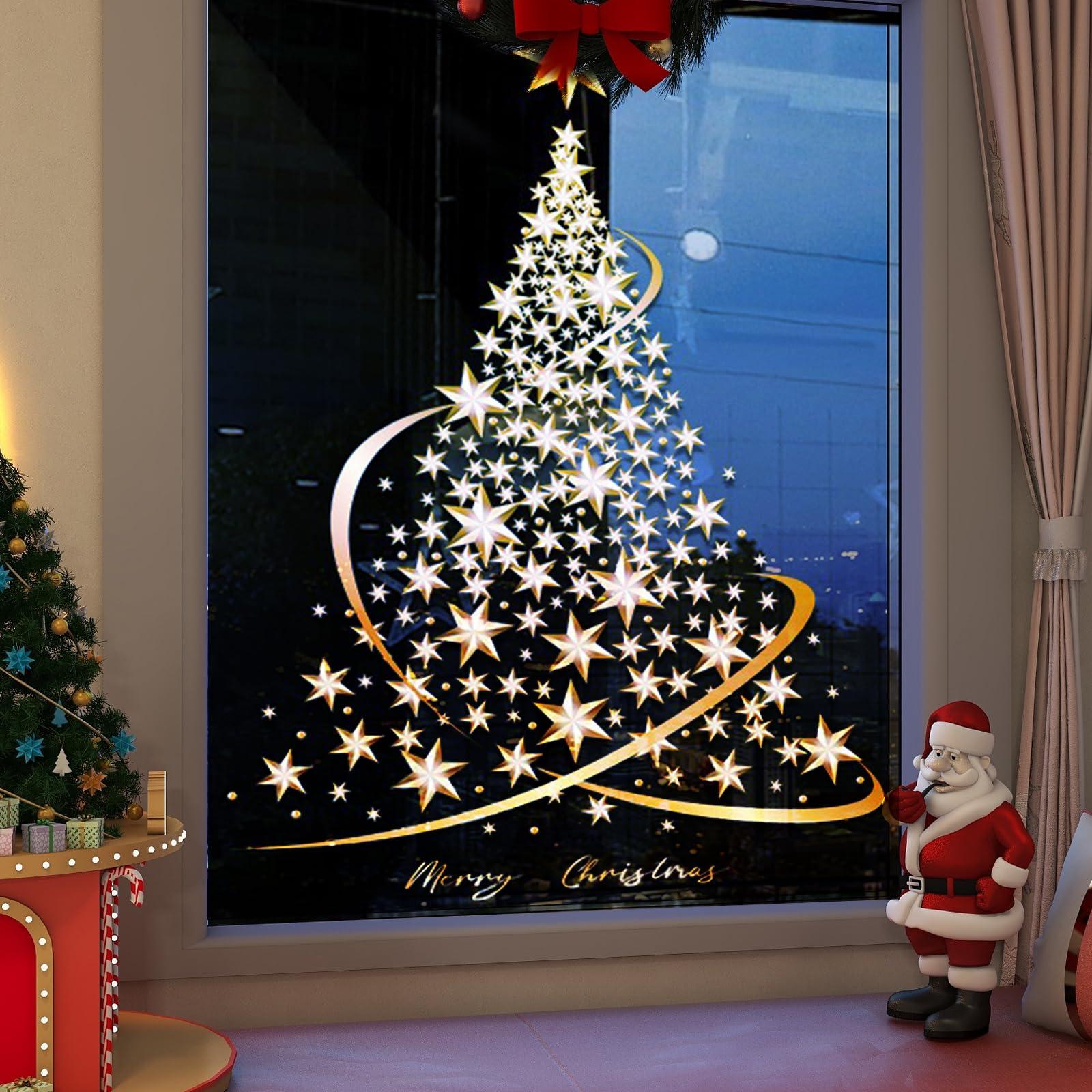 Muzrunq Muzrunq Window Stickers Christmas Window Clings Golden PVC Christmas Tree Stickers Reusable DIY Static Wall Mural for Home Shop Window Glass Display Decorations 31x22 Inch