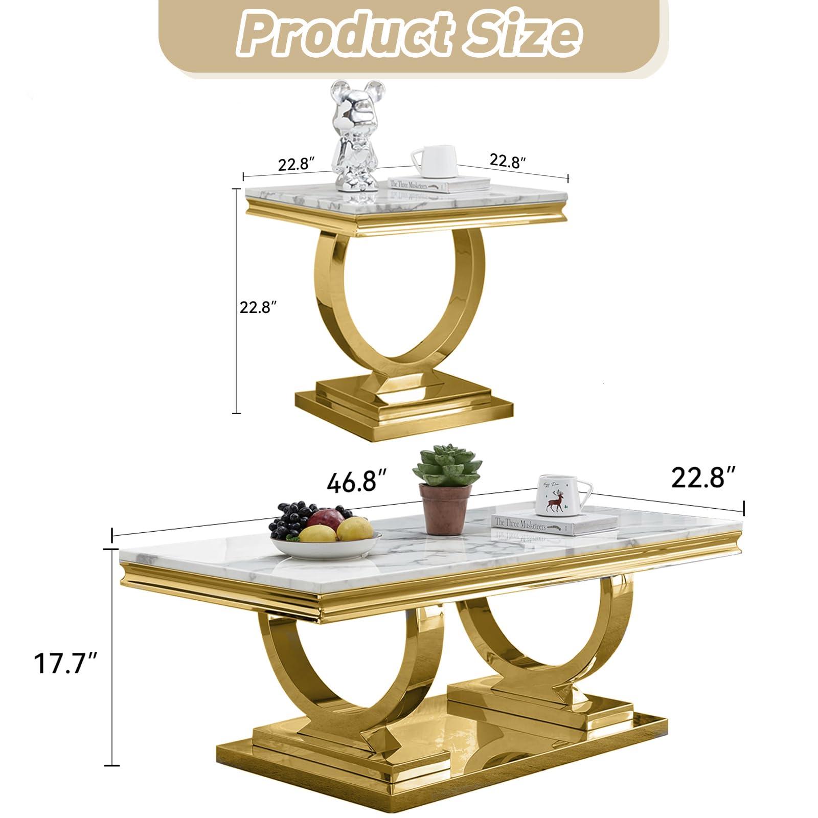 SSLine Marble Coffee Table Set of 2,2 Piece Coffee Table Sets for Living Room,Faux Marble Coffee Table and End Table with Wood Tabletop and Stainless Steel Frame (Gold2)