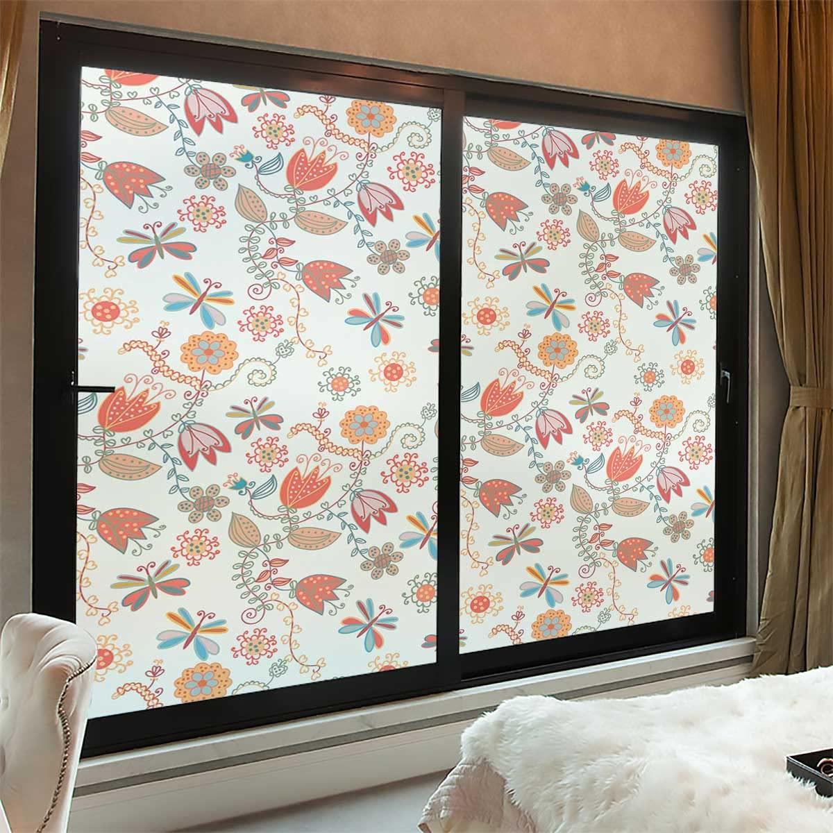 JIXIRUY Window Film Sun Blocking Floral Ornate Removable Static Decorative Privacy Window Films