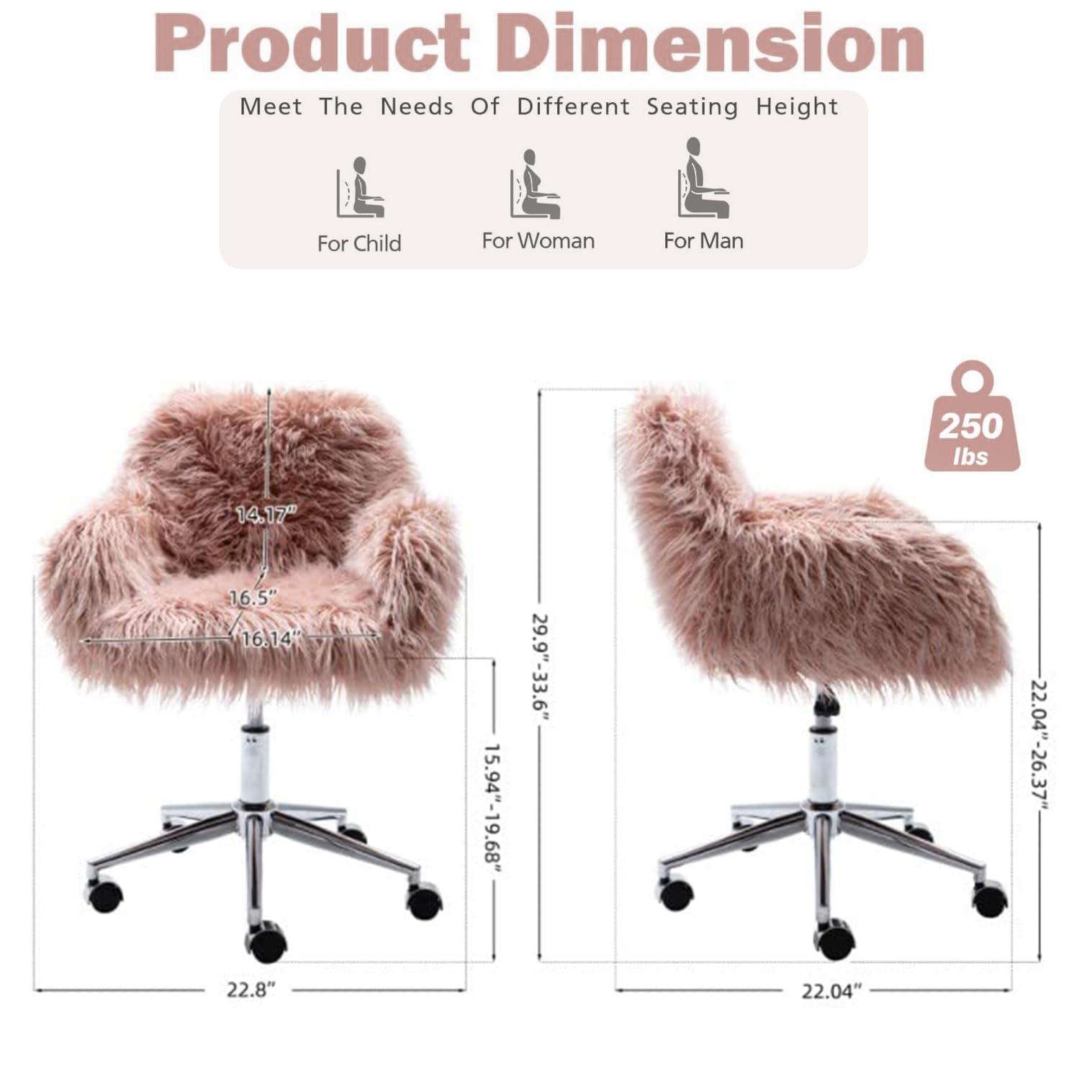 HomVent HomVent Faux Fur Vanity Chairs with Wheels Pink Furry Makup Desk Chair for Kids,Women,Grils,Cute Home Office Computer Chair,Swivel Task Arm Chairs for Bedrooms,Living Room,Study,Dressing