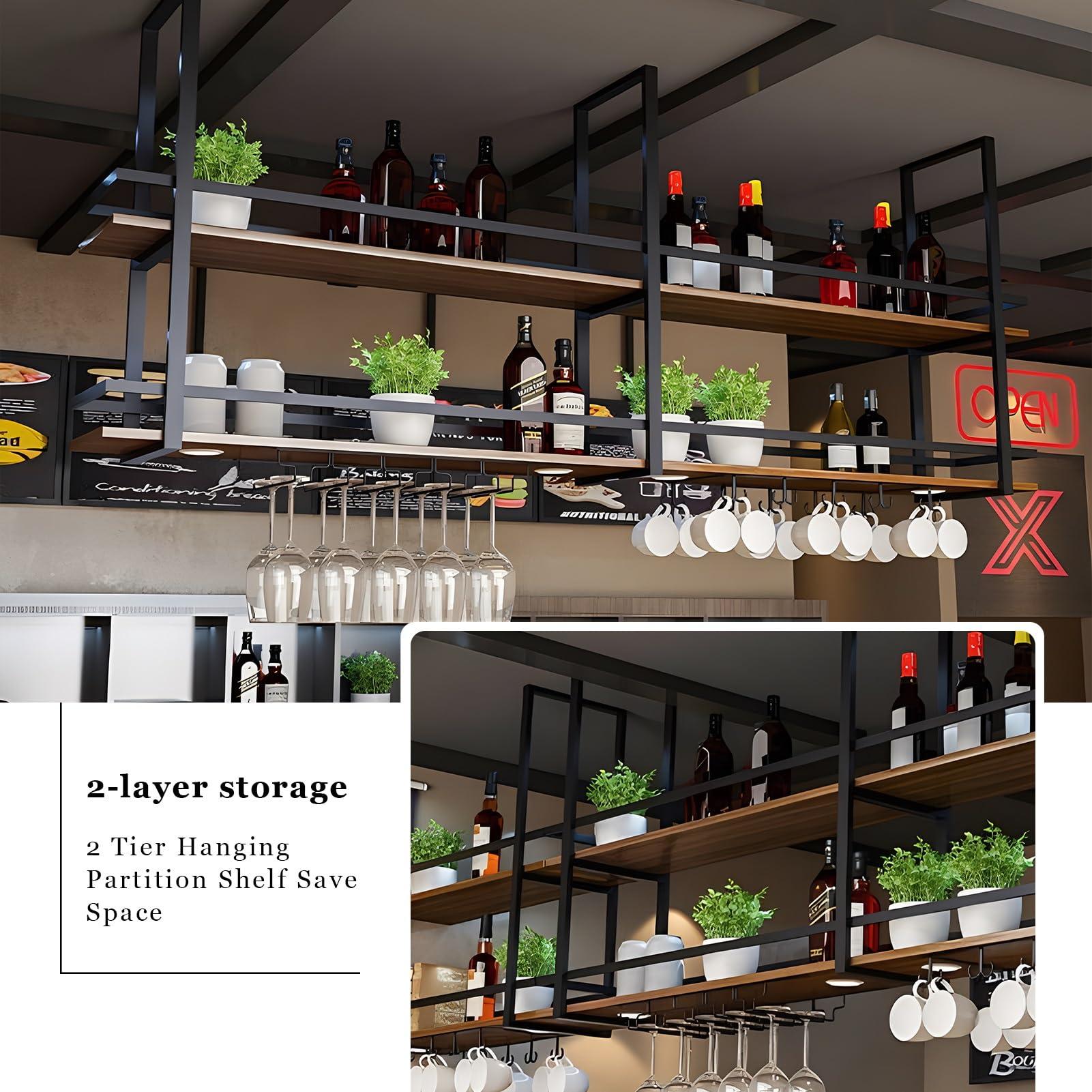Yopappol Yopappol Ceiling-Mount Shelf, Hanging Wine Bottle Holder Plant Stand Decorative Display Storage Rack, Metal Floating Shelves for Restaurant, Kitchen, Bar - Easy to Install (Size : 60x30x80cm)