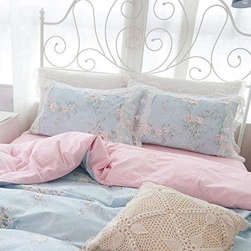 Mbay Mbay Girls Blue Pink Lace Bed Set Twin, Chic Flower Print Duvet Cover Cotton, Princess Fashion Bed Skirt, 3PCS