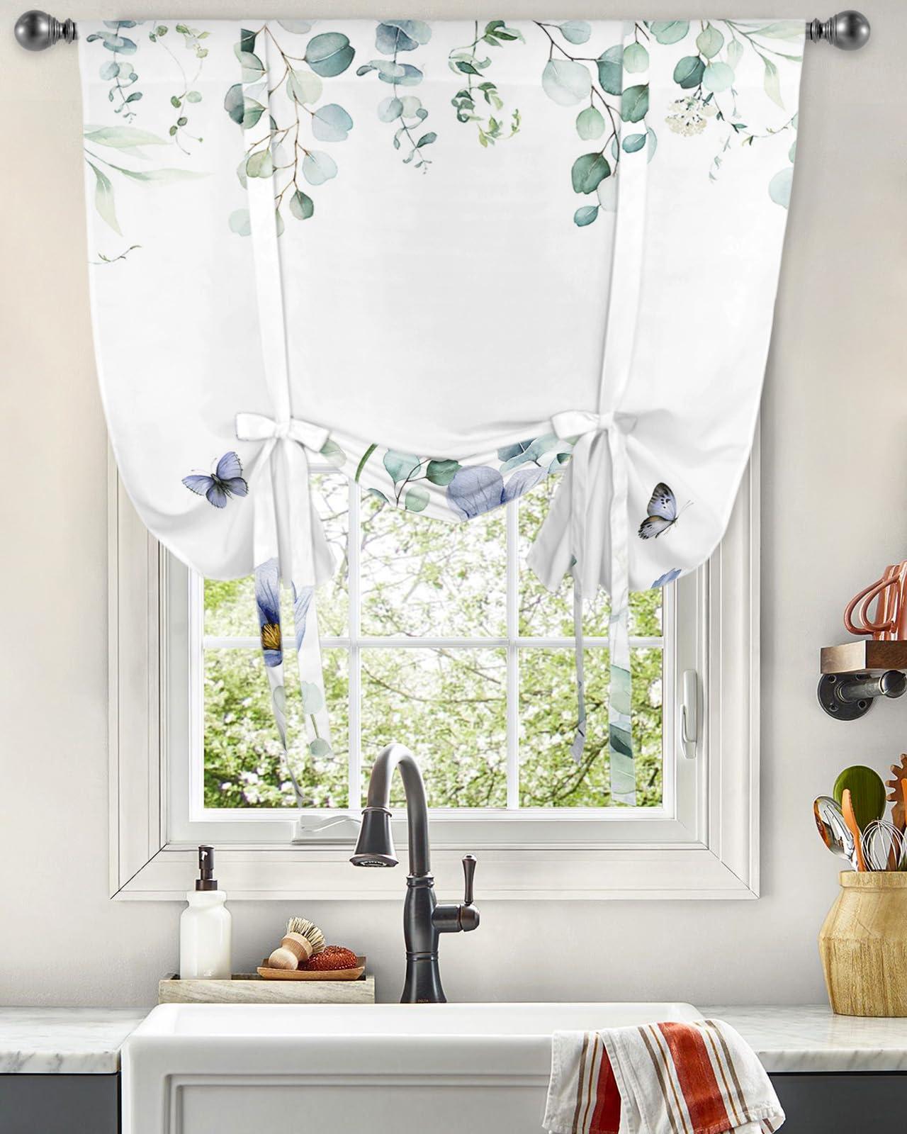 Yukro Yukro Tie Up Curtains Window Shades,Blue Tulip Flower Butterfly Eucalyptus Leaves White Background Rod Pocket Tie Up Window Shade,Adjustable Balloon Curtain Shade for Blinds Kitchen Bathroom,42"x45"