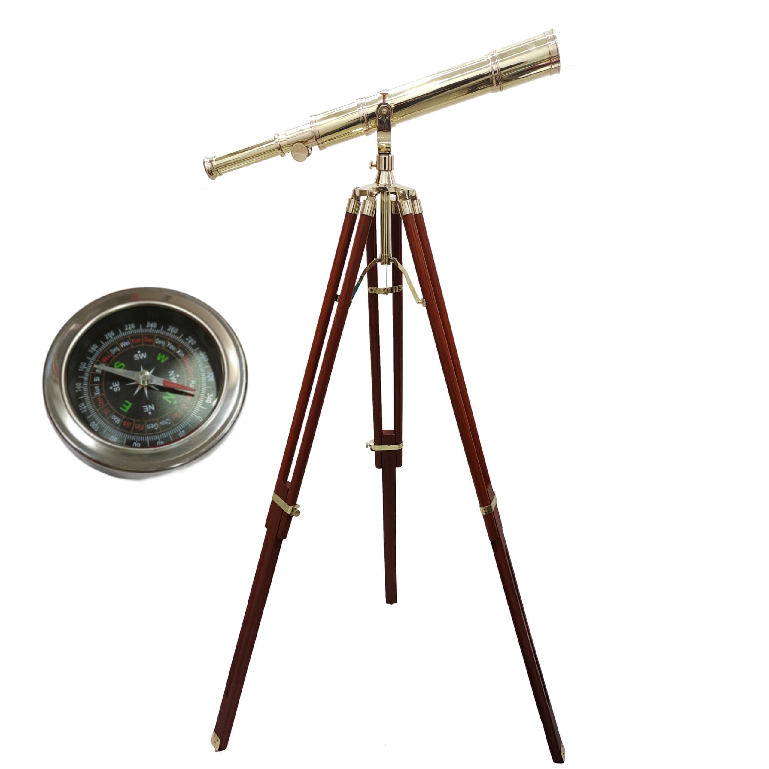 NAVIROCK Navirock Nautical Marine Navy Telescope Solid Brass Shiny Brass Telescope with Wooden Tripod Adjustable Brown Stand with Chrome Compass