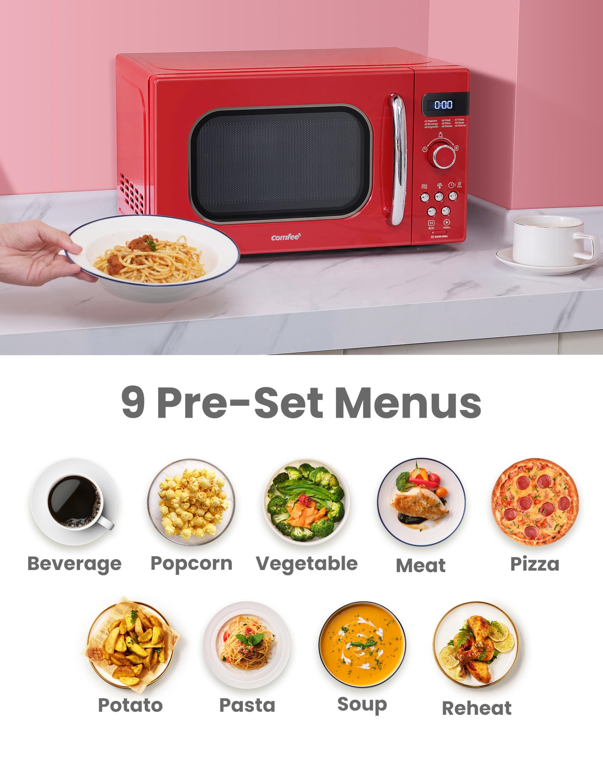 COMFEE\' COMFEE\' Retro Small Microwave Oven With Compact Size, 9 Preset Menus, Position-Memory Turntable, Mute Function, Countertop, Perfect For Small Spaces, 0.7 Cu Ft/700W, Red, AM720C2RA-R