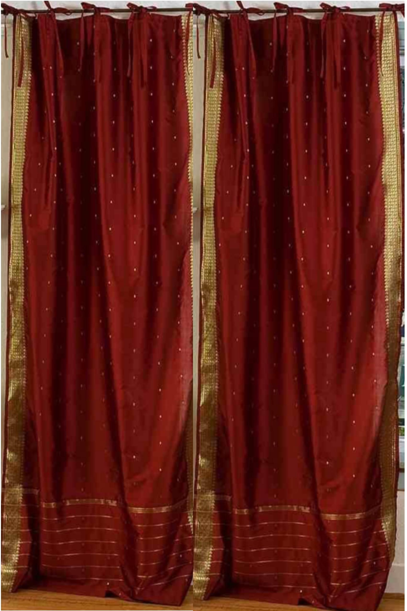 Indian Selections Handcrafted Rust Indian Sari Curtains, Tiebacks Included Unlined Tie Top Sari Sheer Curtains, 80\"W x 84\"L, Beauty & Elegance for Living Rooms, Bedrooms, and Dining Rooms, Sold in Pairs