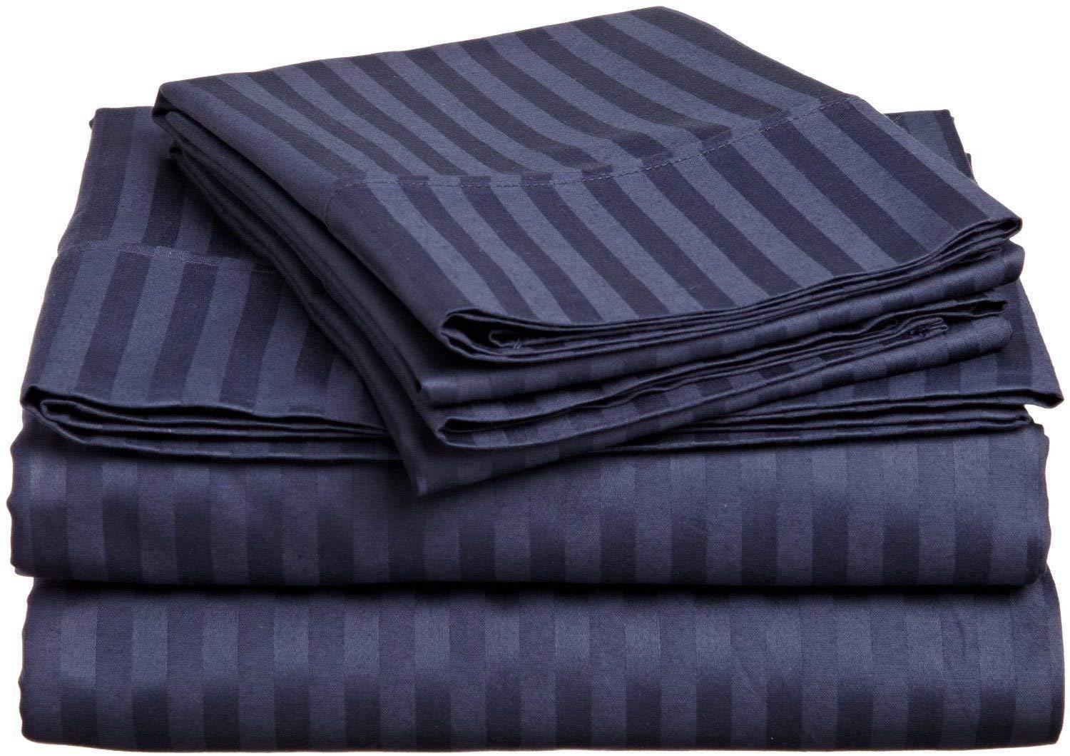 Himeya Bedding Heavy 1500 Thread Count Best 100% Cotton 4-PCs Sheet Set Fits Mattress 15-18\'\' Deep Pocket (Twin XL Size) Bedding Sheets for Bed (Stripe, Navy Blue)