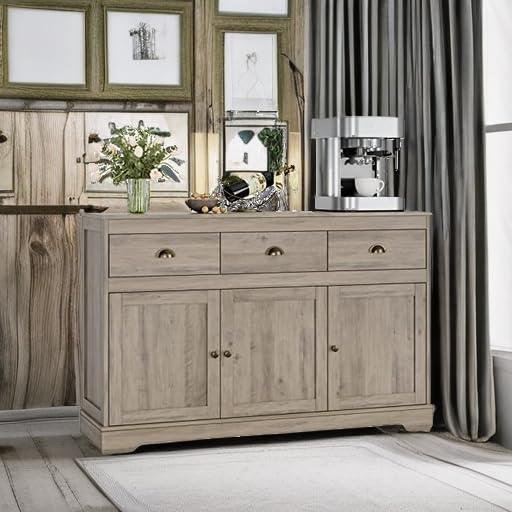 Keyluv Keyluv Buffet Storage Cabinet, Sideboard Farmhouse Server Bar Wine Cabinet with 3 Drawers & 3 Doors Adjustable Shelves Console Table for Kitchen, Dining Living Room Cupboard, Grey Wash