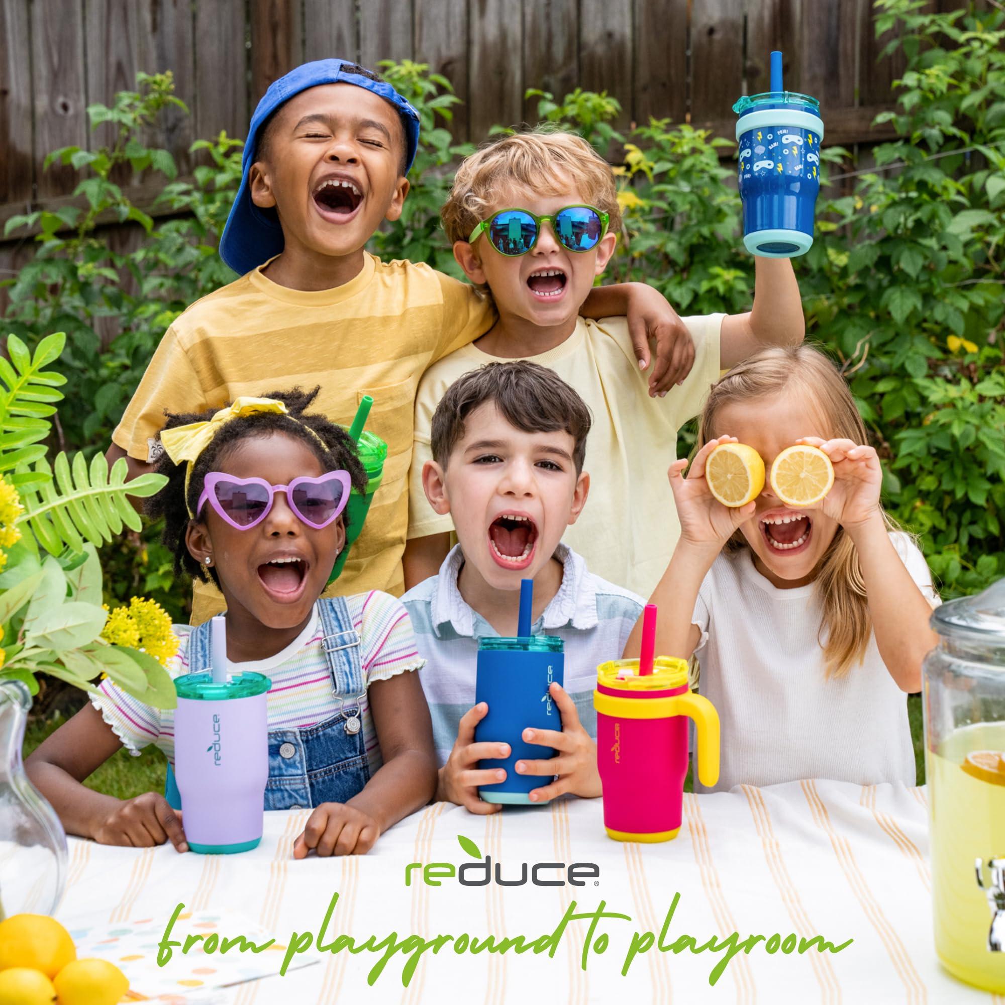 REDUCE REDUCE 14 Oz Coldee Kids Tumbler with Lid and Straw - Coldee Insulated Travel Mug - Spill-Proof, Sweatproof Stainless Steel, BPA-Free - Includes Handle, Reusable Silicone Straw - Rainbow Sky