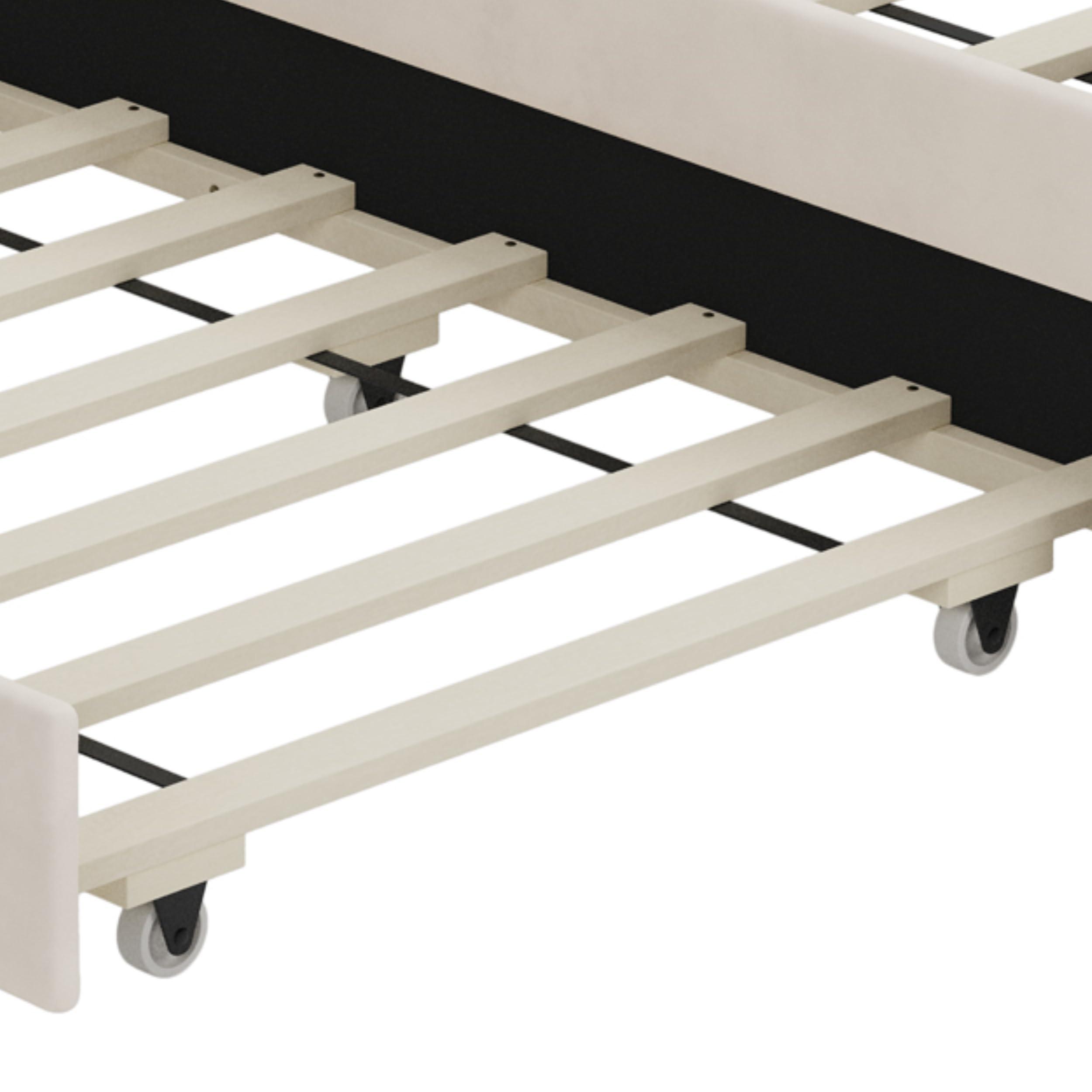 Merax Merax Twin Size Velvet Fabric Upholstered Platform Bed with Trundle Bed and Adjustable Button Tufted Headboard, No Box Spring Needed, Beige