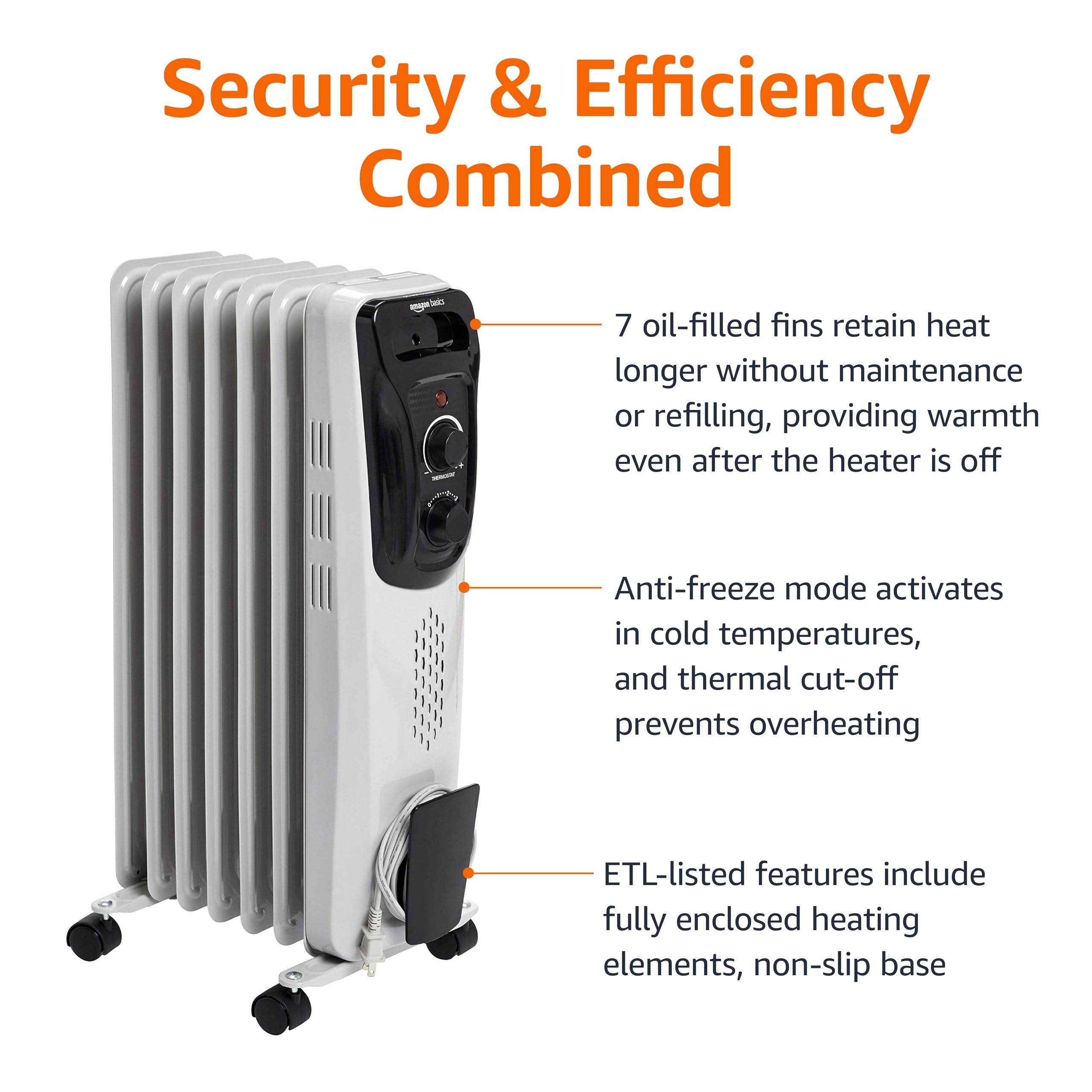 Amazon Basics Amazon Basics Oil Heater, Radiator Heater for Indoor Use, With Over-Heat Protection, 7 Oil-Filled Steel Fins, 3 Heat Settings, ETL-certified Safety, 1500W, White, 11"D x 14.8"W x 25.2"H