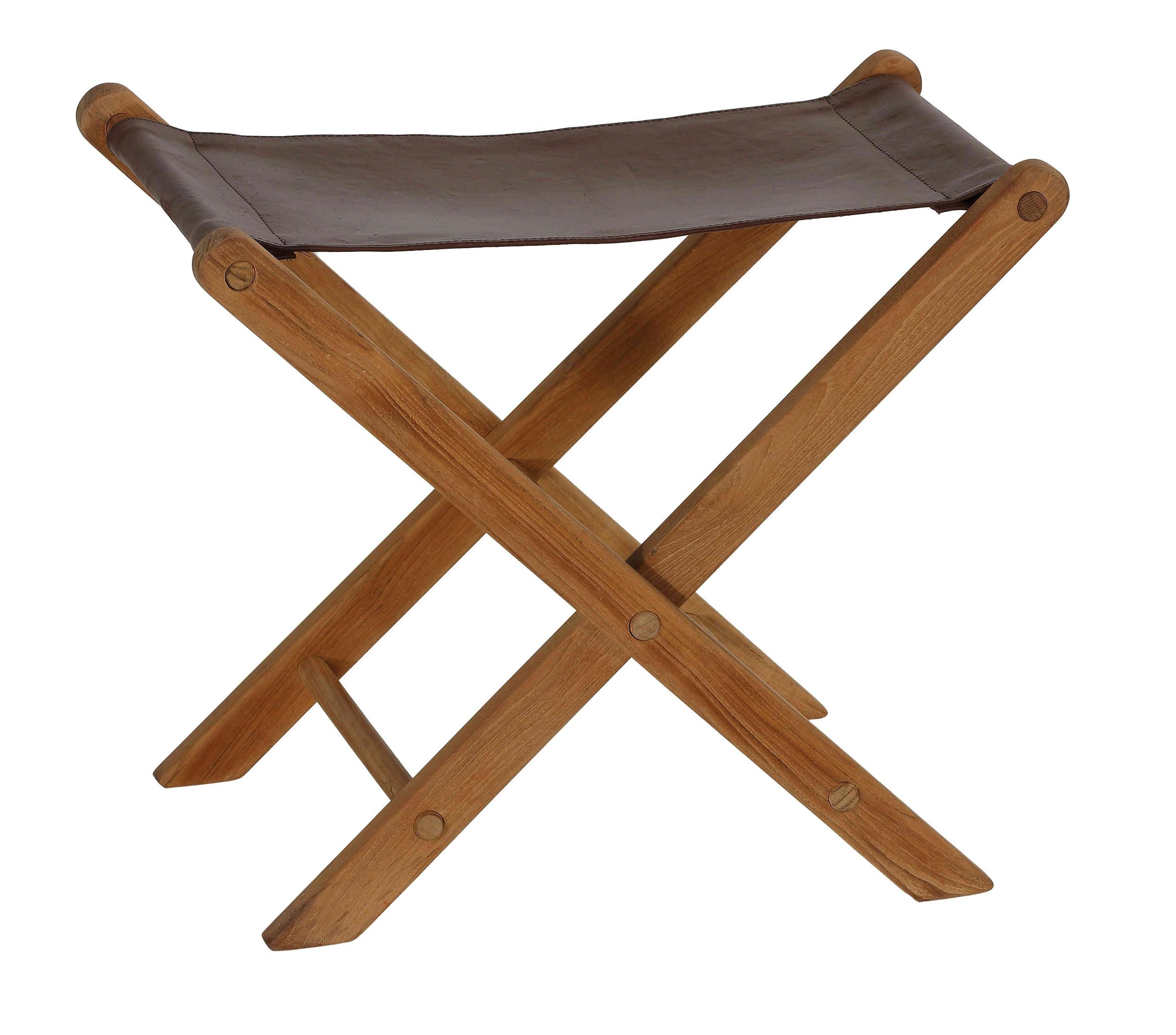 Bare Decor Bare Decor Davie Teak and Leather Folding Accent Stool, 18\", Saddle Brown