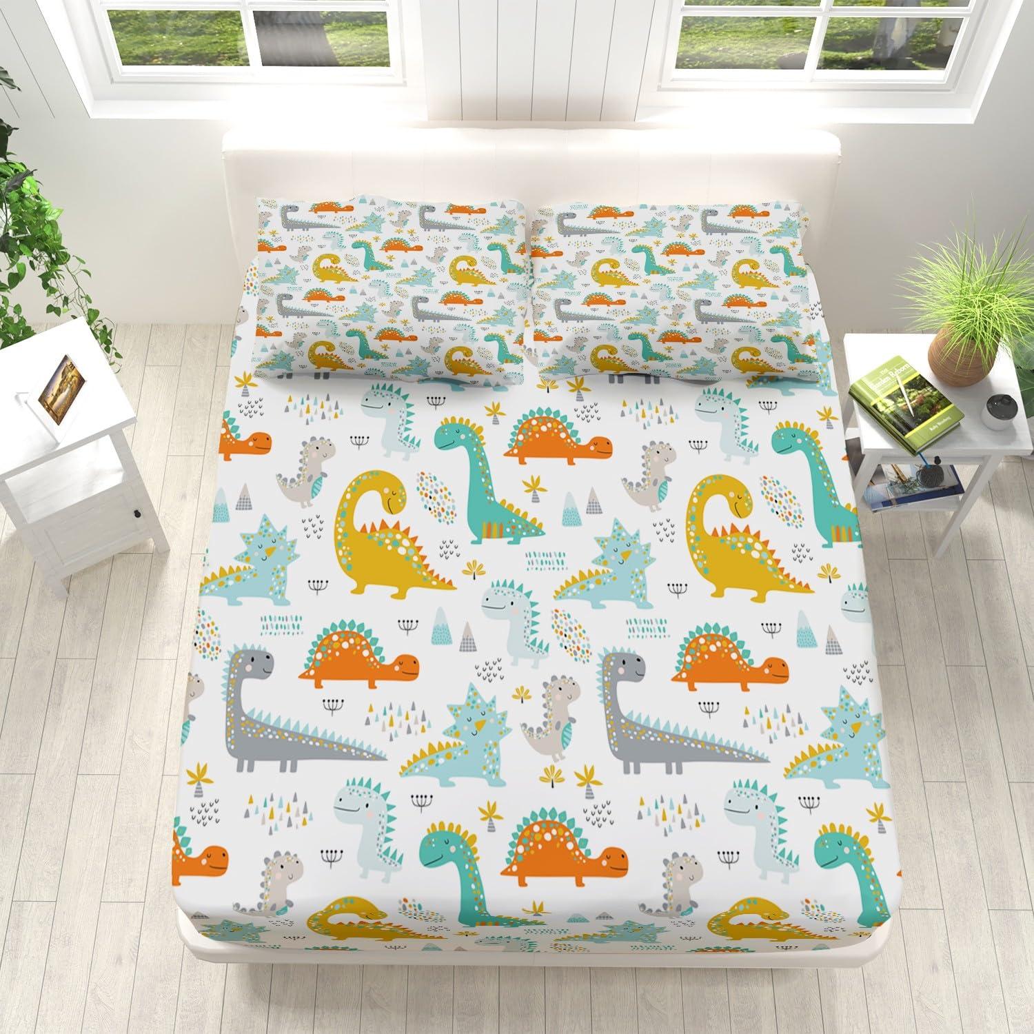Generic Full Size 4 Piece Sheet Set Jungle Animals Cartoon Dinosaur Bed Sheets Set Deep Pockets, Comfy Breathable & Cooling Microfiber Fitted Sheets, Easy-Fit, Extra Soft & Wrinkle Free Sheets