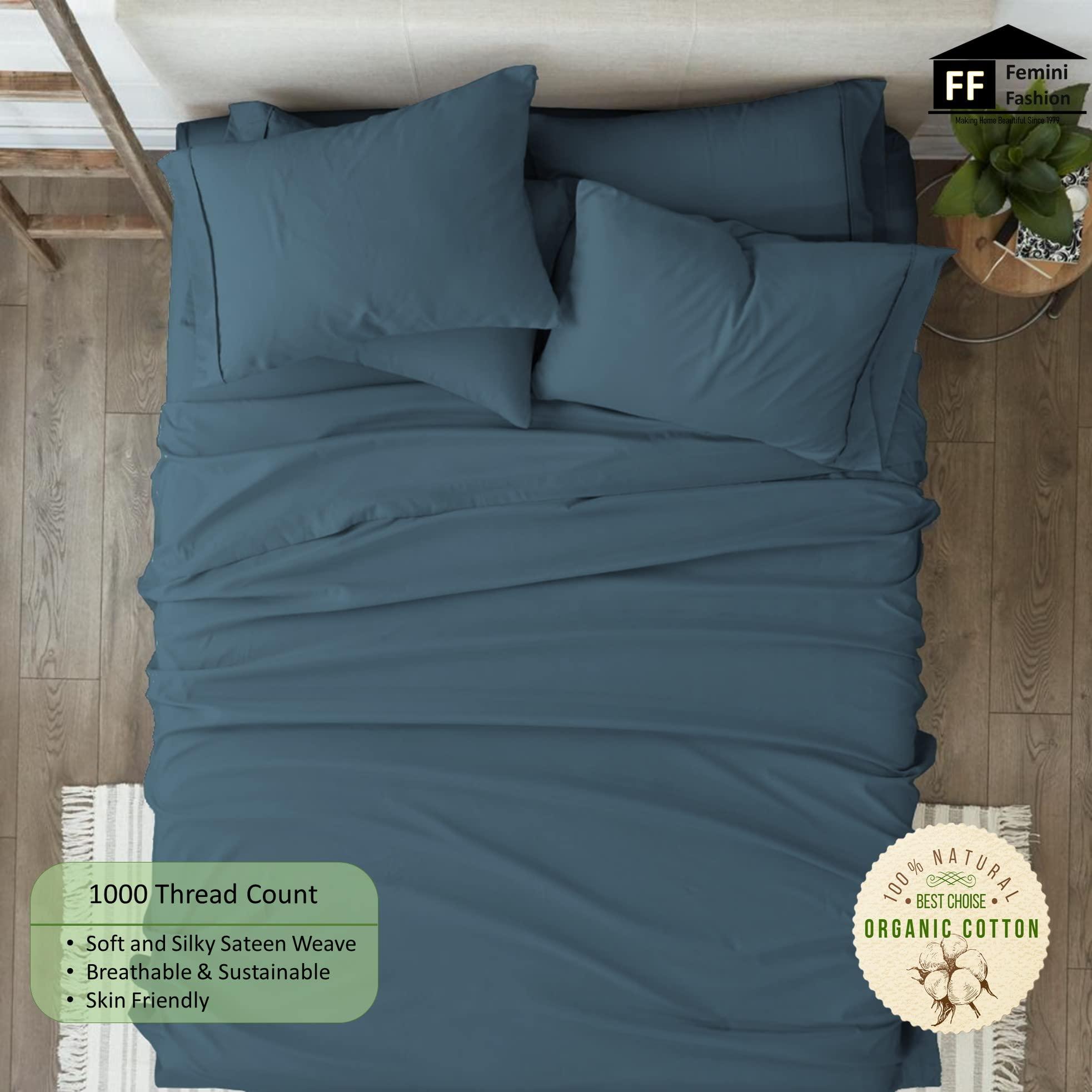 Femini Fashion Extra Deep Pockets 1000 Thread Count 100% Organic GOTS Certified Cotton, 30-Inch Deep-Pocket, 4-Piece Bed Sheet Set (1 Flat Sheet, 1 Fitted Sheet, 2 Pillow Covers) - Full-XL, Mediterranean Blue