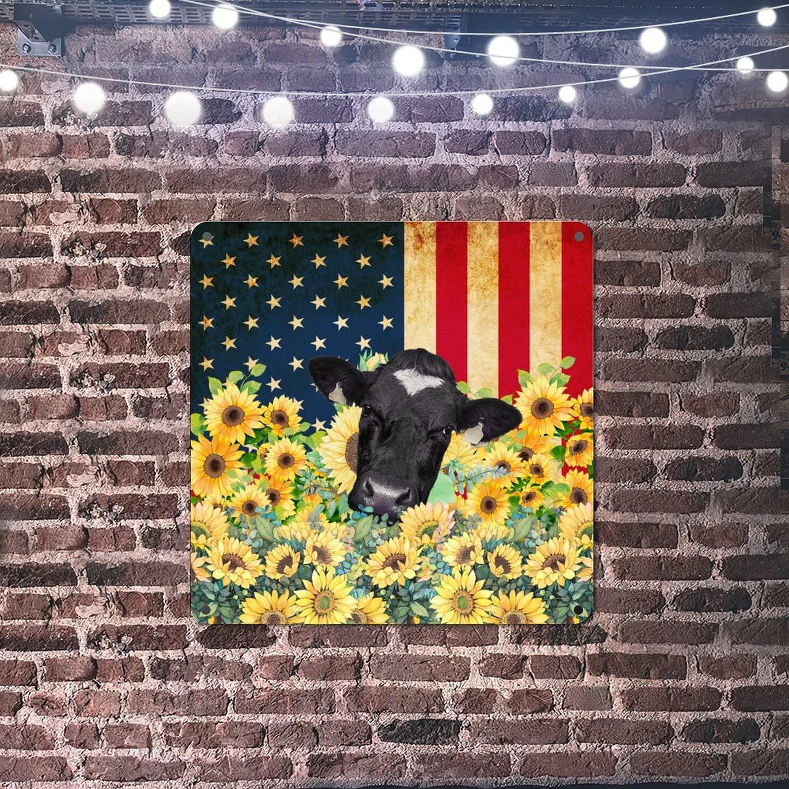 Generic 4th of July Party Tuscan Metal Tin Sign Independence Day Tin Plaque Birthday America Cow Sunflower USA Flag Decor Iron Painting Rustic Holiday Decor Sign Bar Club Garage Art Poster 12x12in