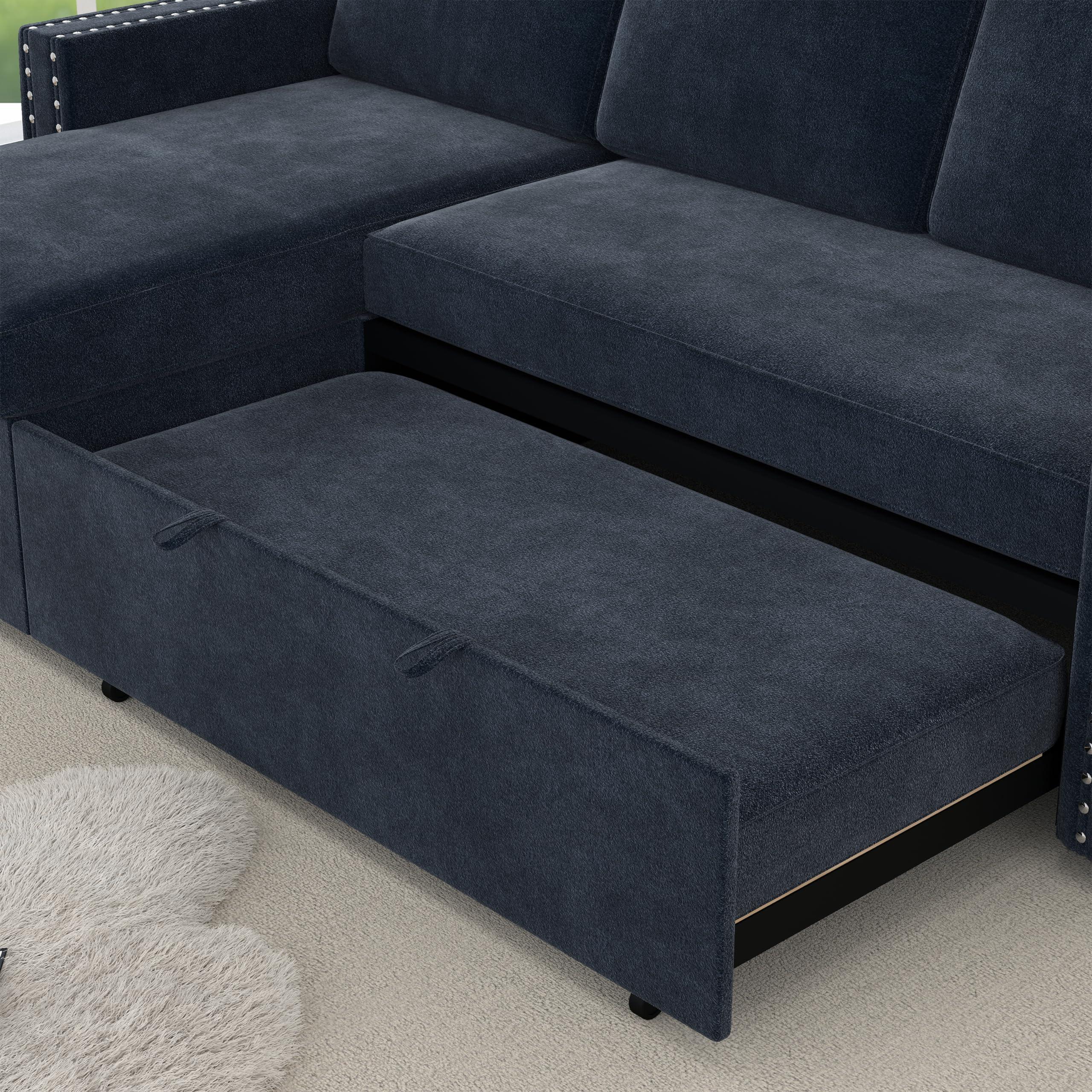 PONLEE L Shaped Convertible Sectional Couch with Pull Out Bed and Storage , 3 Seater Corner Sleeper Sofa with Reversible Chaise and Copper Nailhead for Living Room, Apartment, Bedroom, Office Chenille Fabric