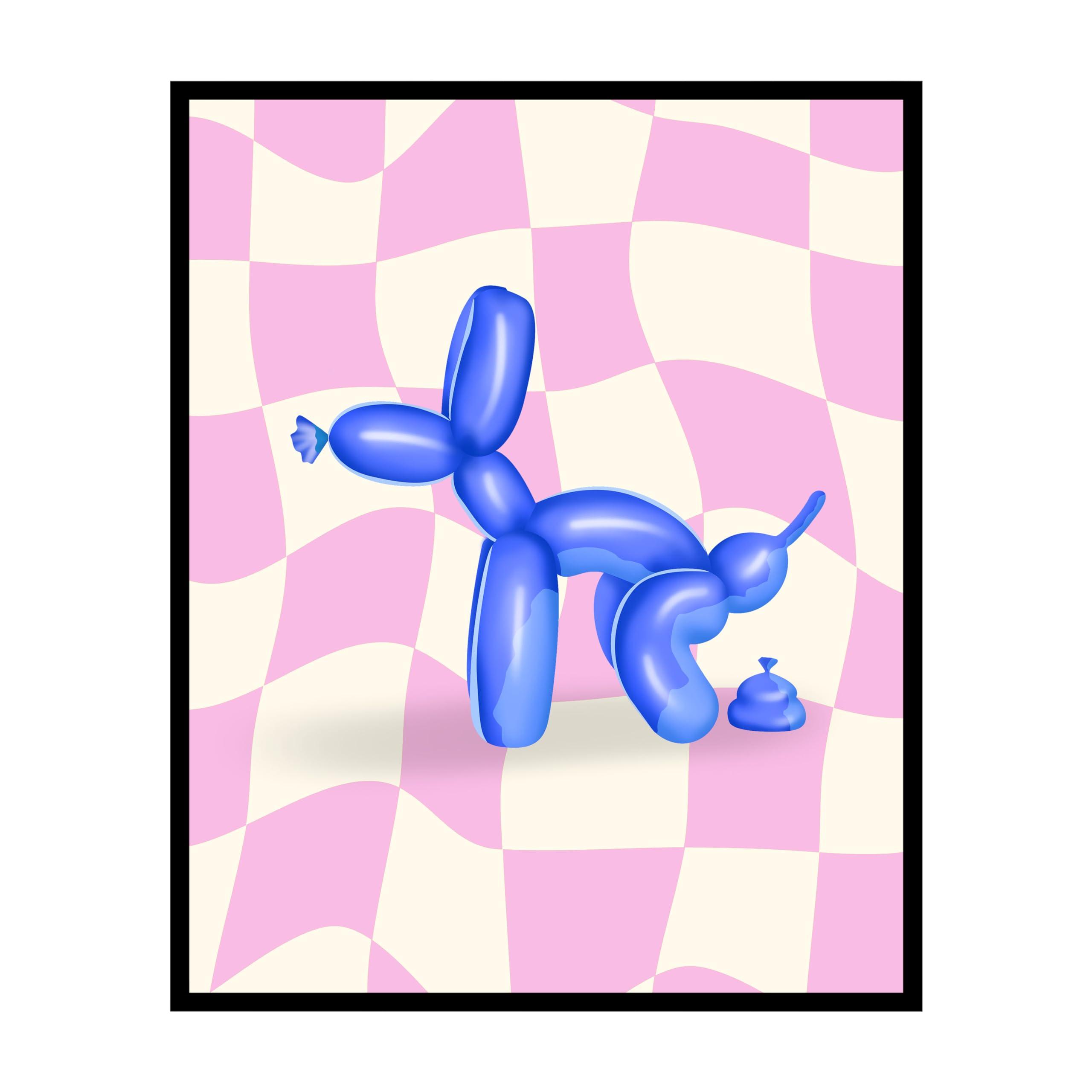 Poster Master Poster Master Balloon Dog Poster - Blue Pooping Dog Print - Balloon Art - Pink Checkered Art - Trendy Art - Funny Bathroom Decor - Guest Bath Decor - Humorous Restroom Decor - 16x20 UNFRAMEDWallArt