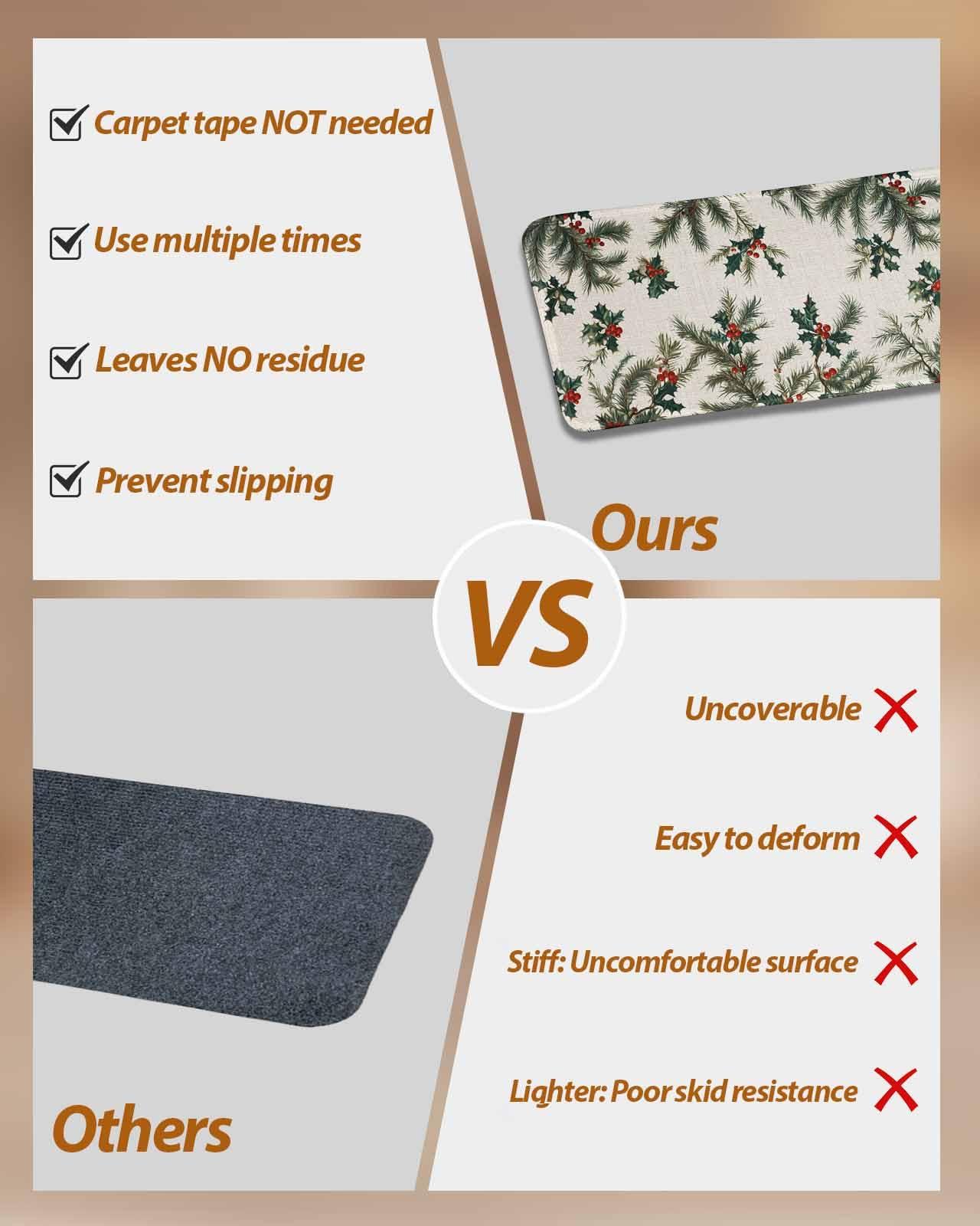 Chees D Zone Xmas Red Berry Pine Needles Stair Treads for Wooden Steps, Winter Plant Beige Linen Non Slip Stair Carpet Indoor Stair Runner Staircase Step Treads Stair Mat 8x30in 4 Pcs