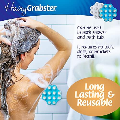 HairyGrabster As Seen on Shark Tank Hair Shower Drain Hair Catcher, Hair Stopper Bathtub Drain Protector, & Catcher Drain Cover Alternative, Must-Haves HairyGrabster, 2 Pack, White & Blue