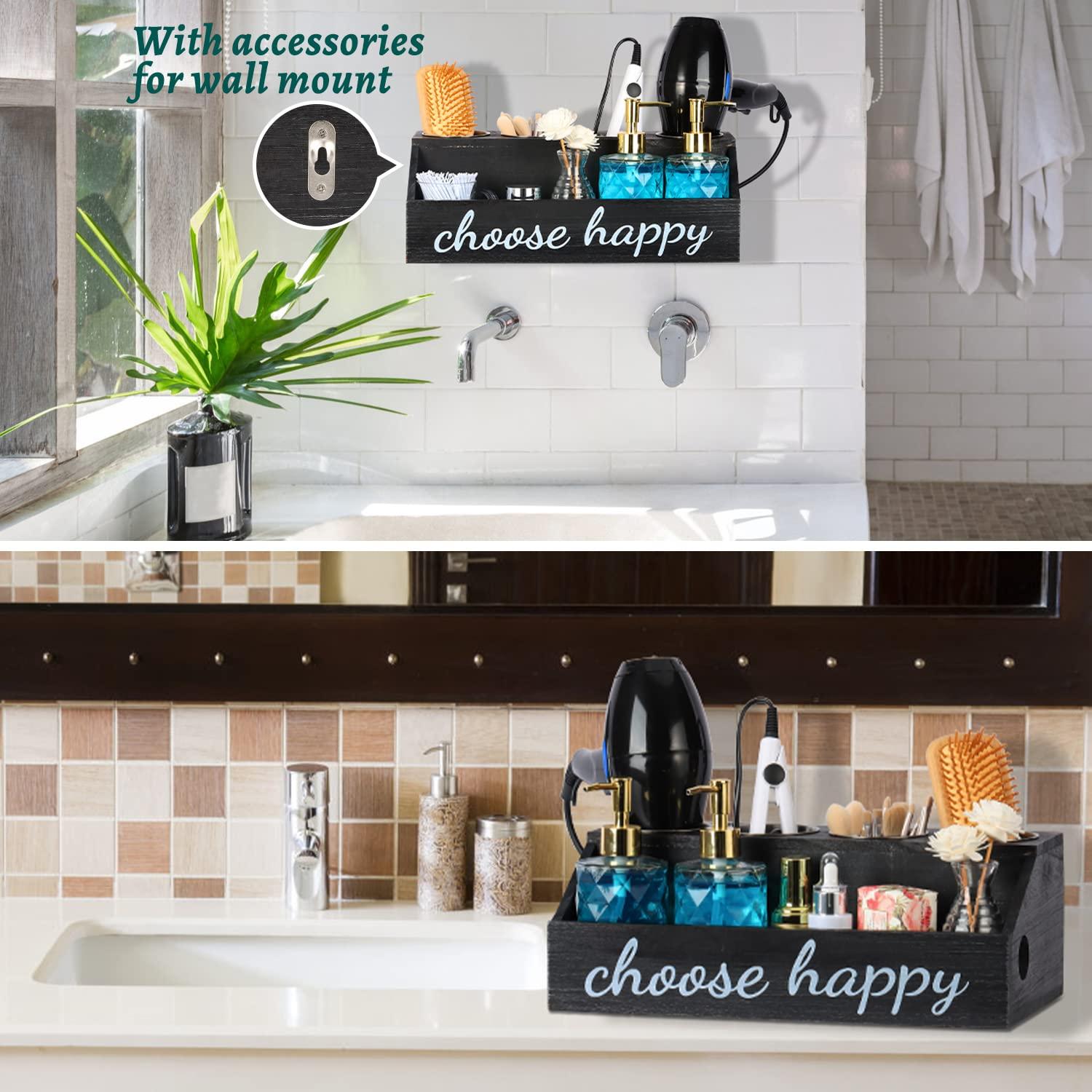 PHUNTTEK Hair Tool Organizer, 5 Compartments Hair Dryer Holder Wall Mounted/Countertop Rustic Black Wood Bathroom Organizer Blow Dryer Holder Hot Hair Tools Curling Iron Holder Vanity Cabinet Storage Stand