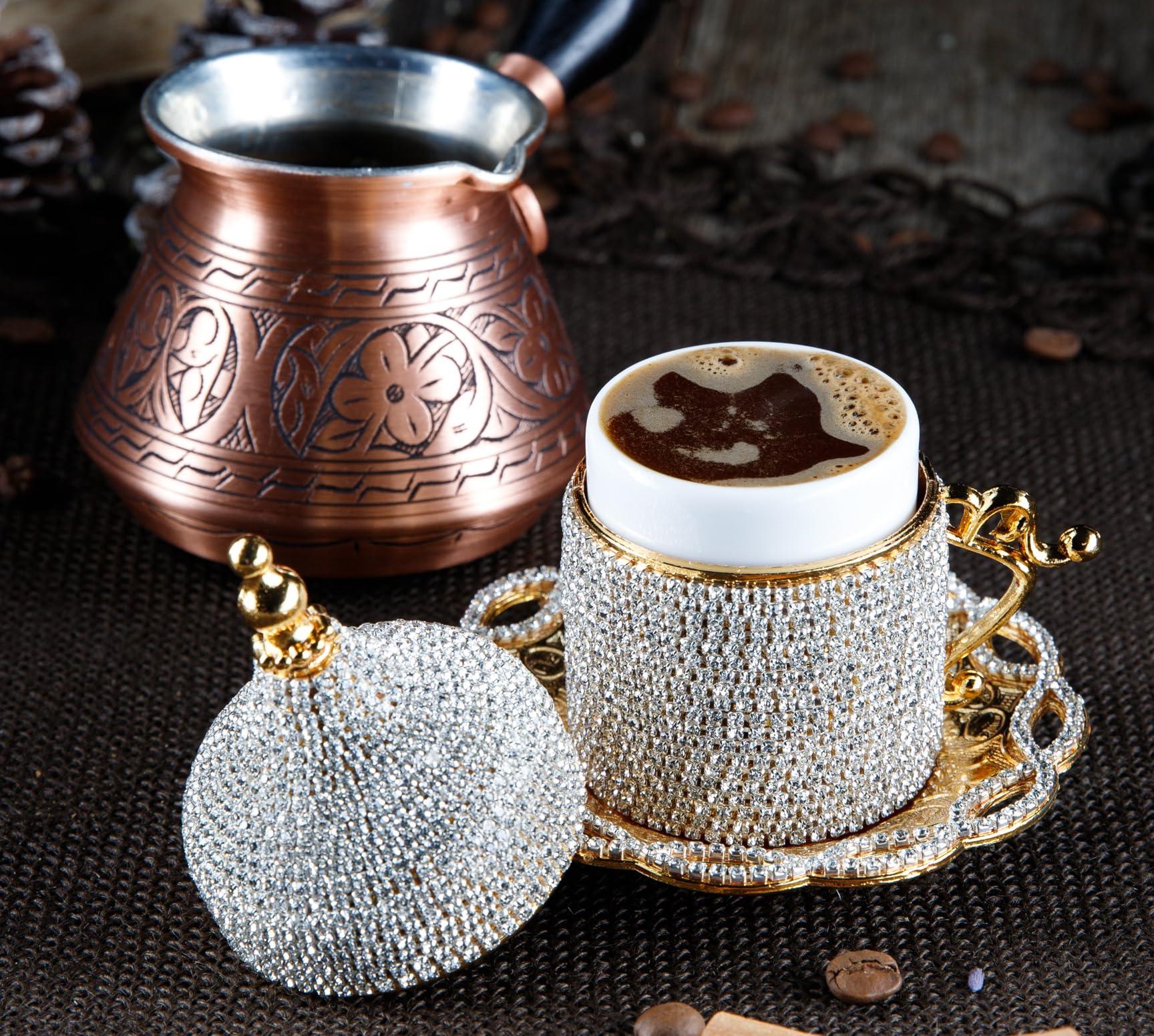DEMMEX DEMMEX Turkish Coffee & Espresso Cup, Fancy Turkish Greek Arabic Coffee Cup with Inner Porcelain, Metal Holder, Saucer and Lid, Handmade with Crystals, 2 Oz - 60ml (Gold with Crystals)