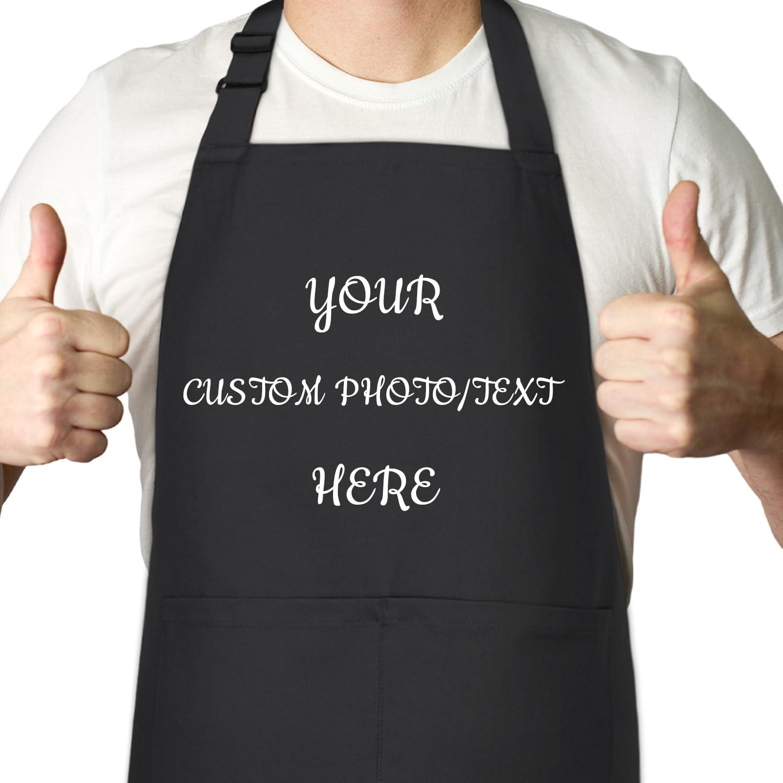 Angirlish Personalized Adult Aprons, Custom Name Photo Logo Aprons for Women and Men, Waterproof Cotton Chef Apron, Adjustable Bib with 2 Pockets (Add Your Own Design, Black)