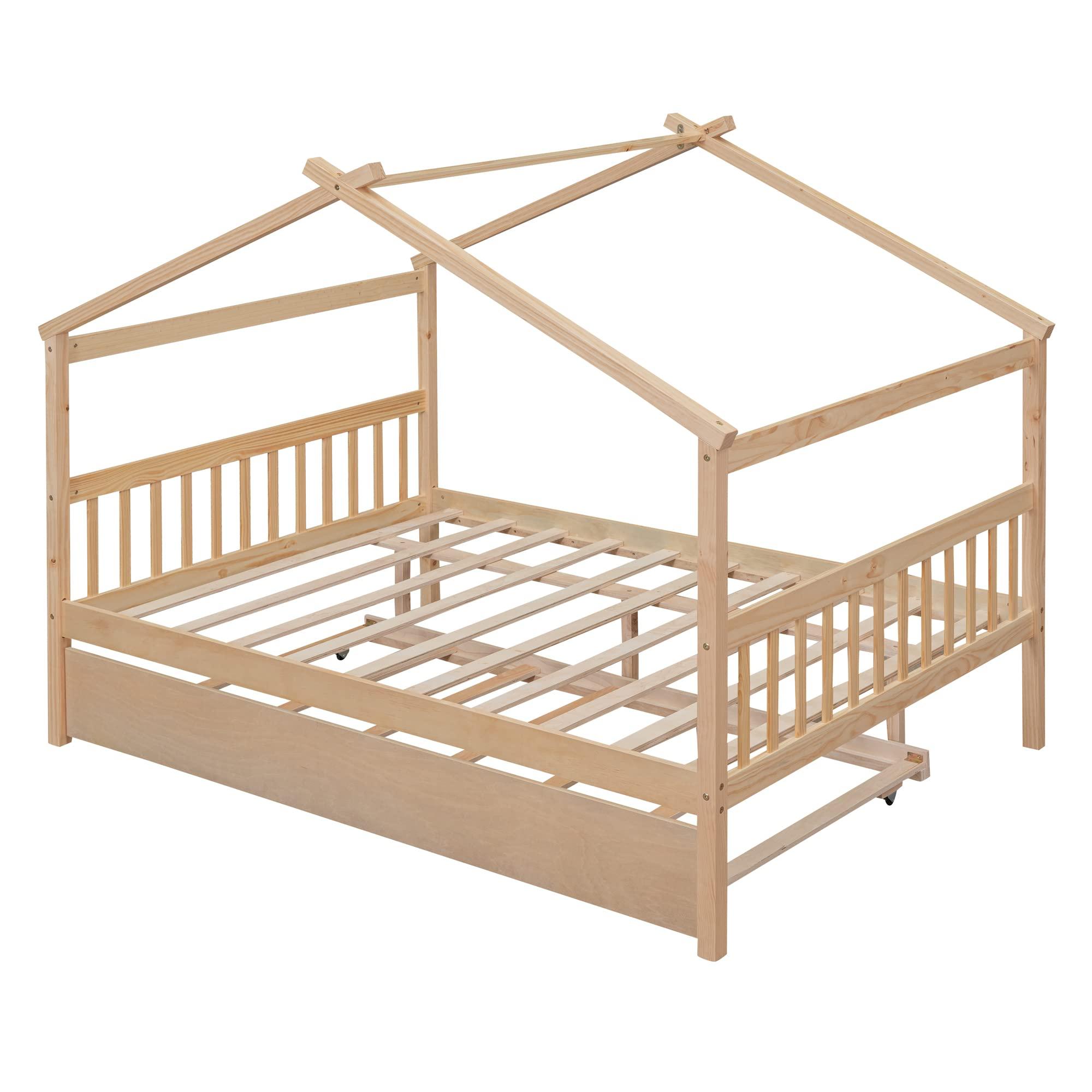 Tdewlye Full Size Wooden House Bed with Twin Size Trundle and Roof,Platform Bed with Headboard and Footboard,for Kids Teens Girls Boys Bedroom (Natural@z, Full)