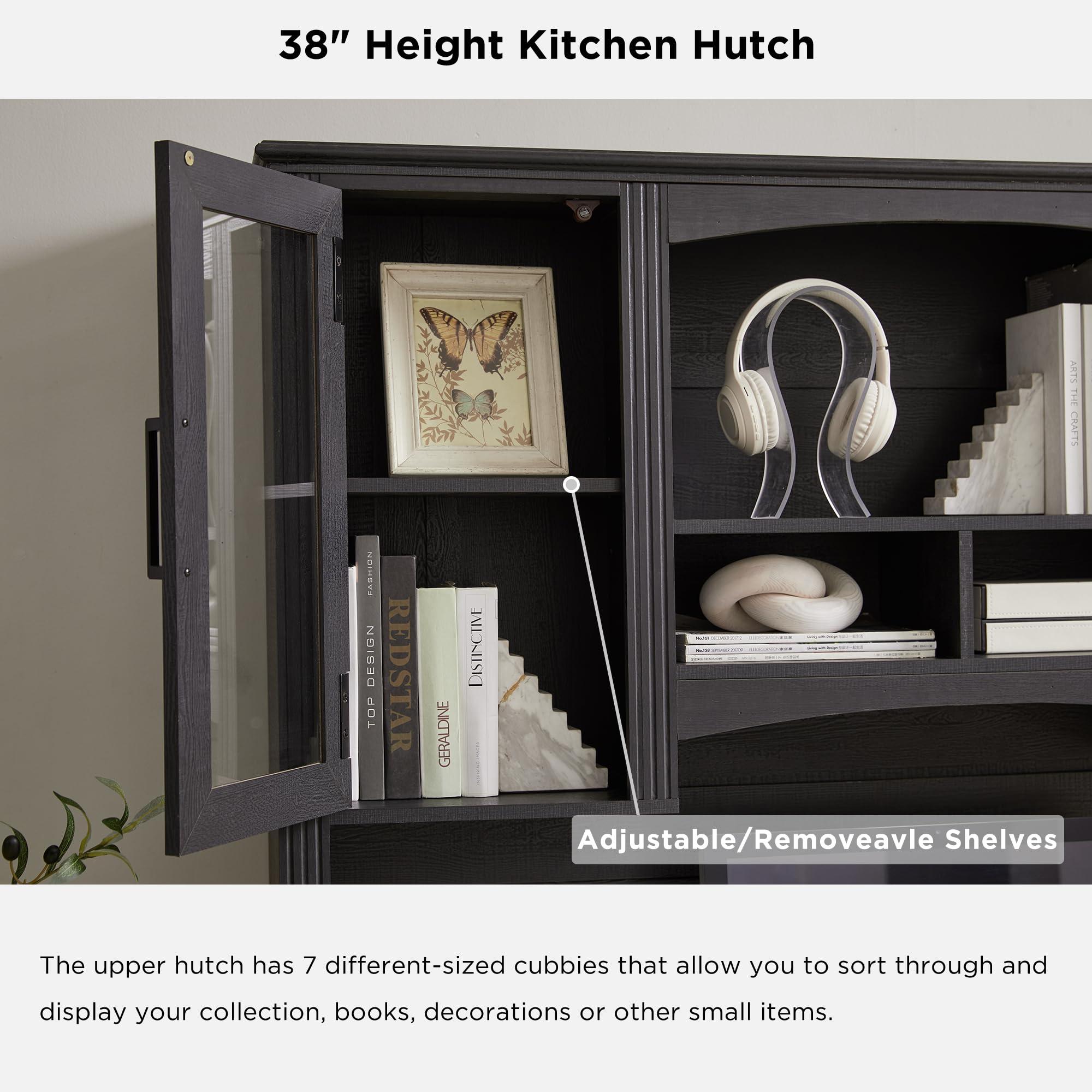 JXQTLINGMU JXQTLINGMU Farmhouse 76" Height Computer Desk with Hutch, Office Desk with Charging Station, Drawers and Storage Cabinet, Workstation for Office Home, Black