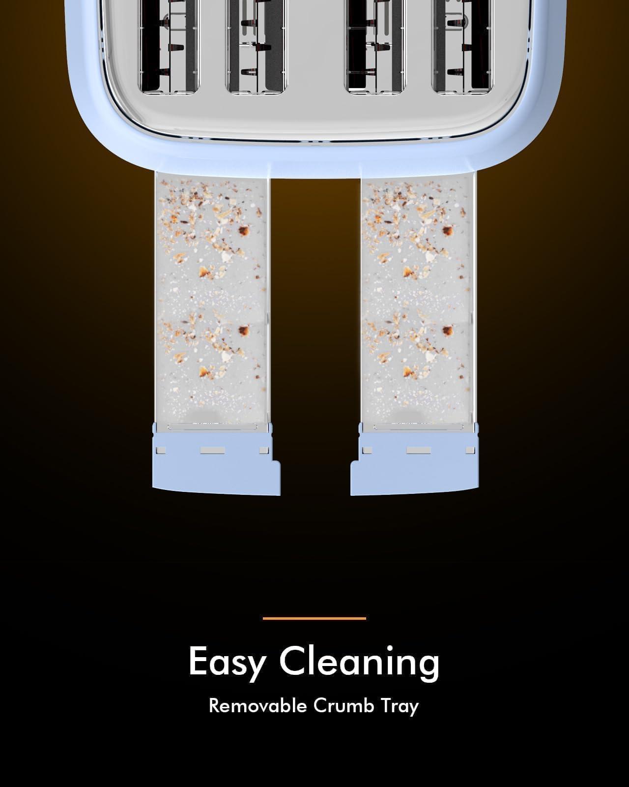 LONGDEEM LONGDEEM Toaster 4-Slice, Retro-Styled Stainless Steel, Wide Slot Bagel Toaster, Dual Independent Controls, Removable Crumb Tray, Easy to Clean, 6 Shade Settings, Reheat & Defrost, Blue