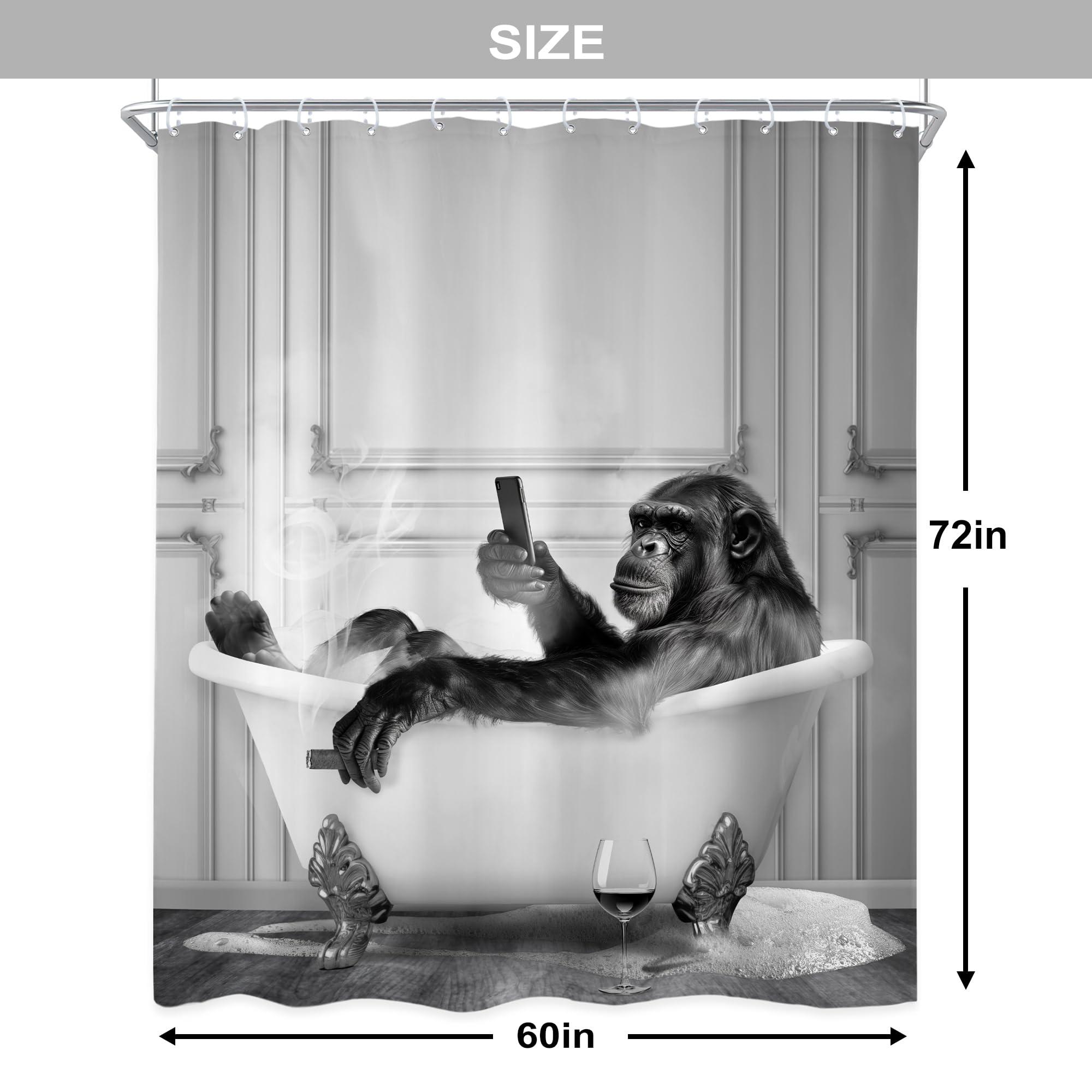 Newsely Newsely Funny Monkey Shower Curtain 60Wx72H Inch Animal Chimpanzee in Bathtub Black White Wildlife Cool Modern Shower Curtain Bathroom Set Boys Men Waterproof Bath Decoration Accessories Home Decor