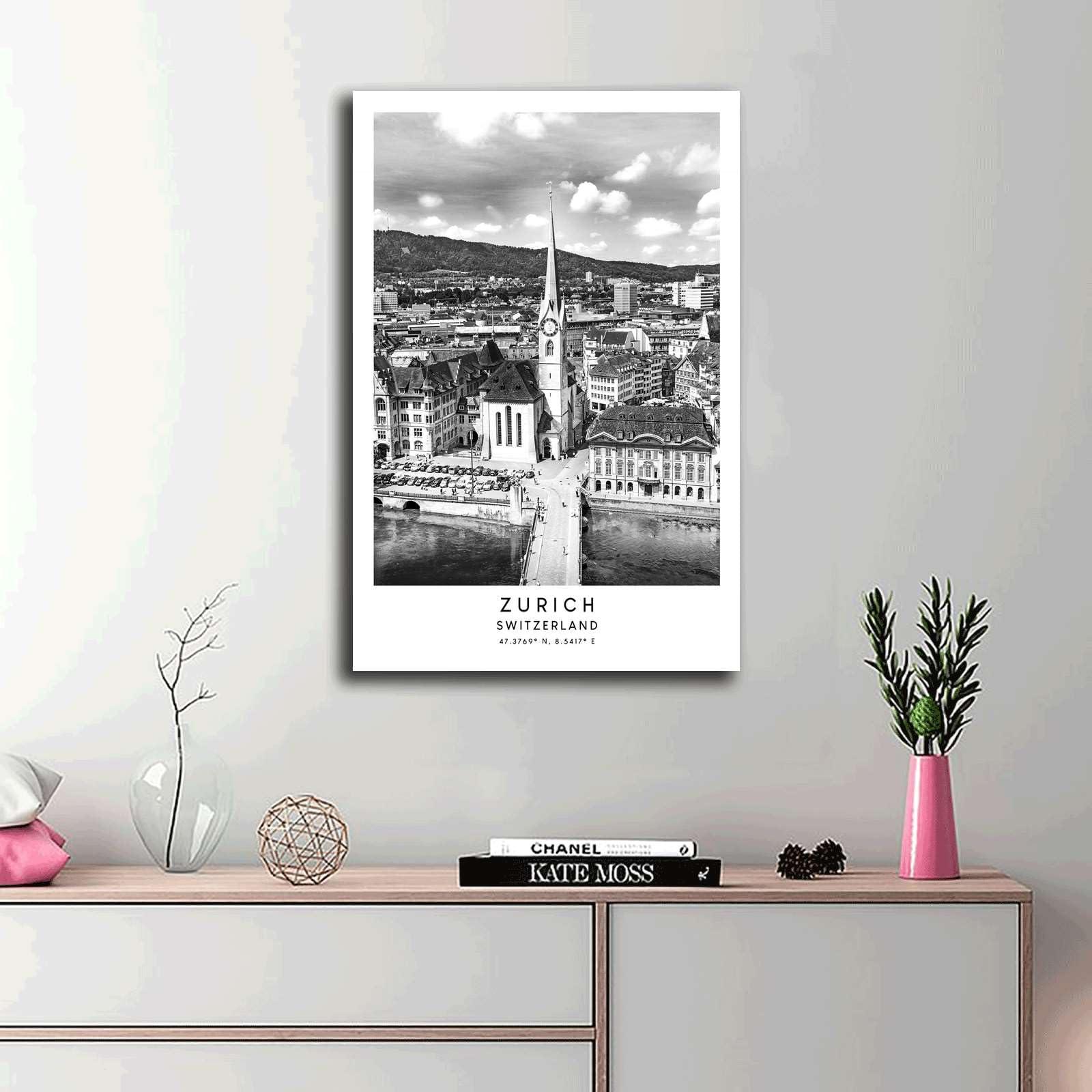 GHTYER Canvas Posters and Prints Wall Art Pictures Zurich Travel Print Black And White Zrich Switzerland Poster Zurich City Print Minimalist Zurich Wall Art Kitchen Dining Room Wall Home Decoration 16x24inch wood Frame
