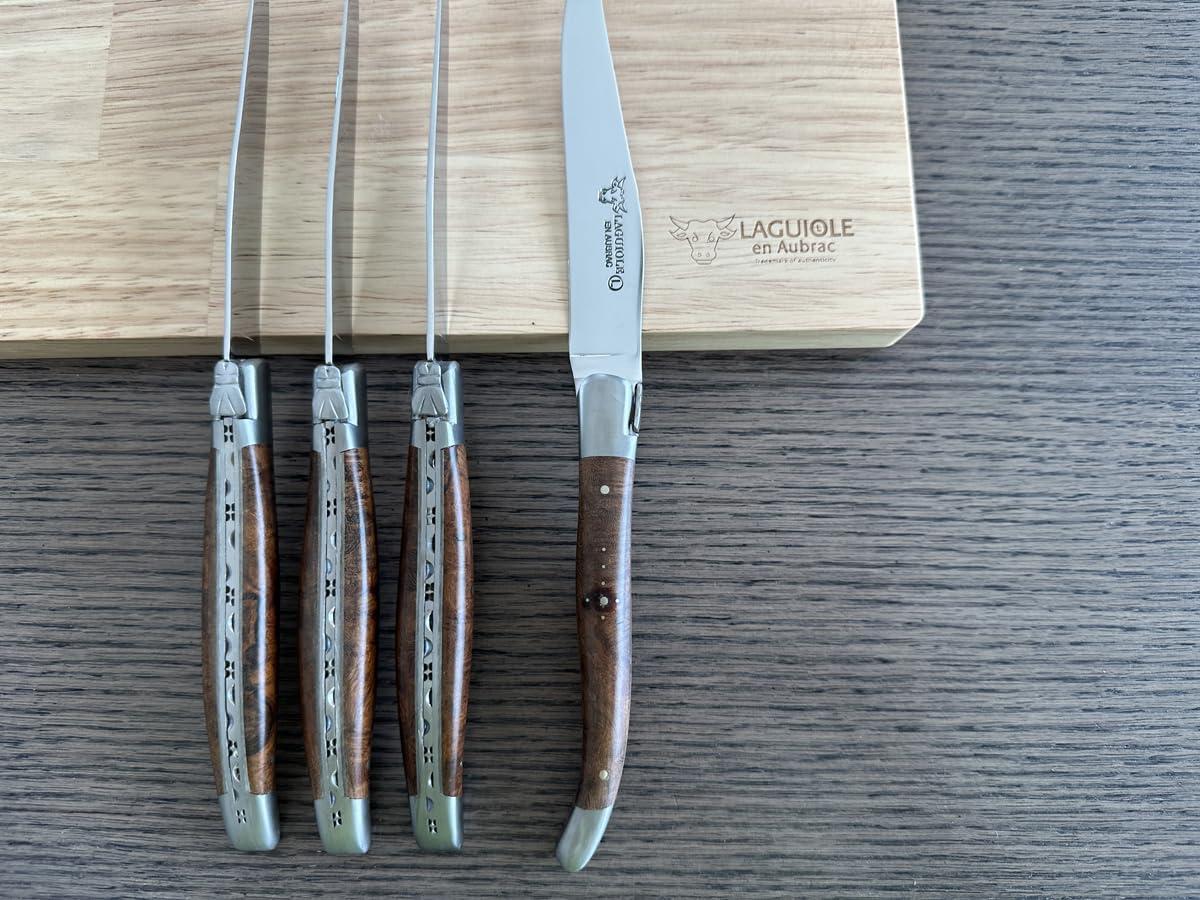 LAGUIOLE EN AUBRAC L Laguiole en Aubrac Luxury Fully Forged Full Tang Stainless Steel Steak Knives 6-Piece Set, Rich Desert Ironwood Handles, Stainless Steel Brushed Bolsters