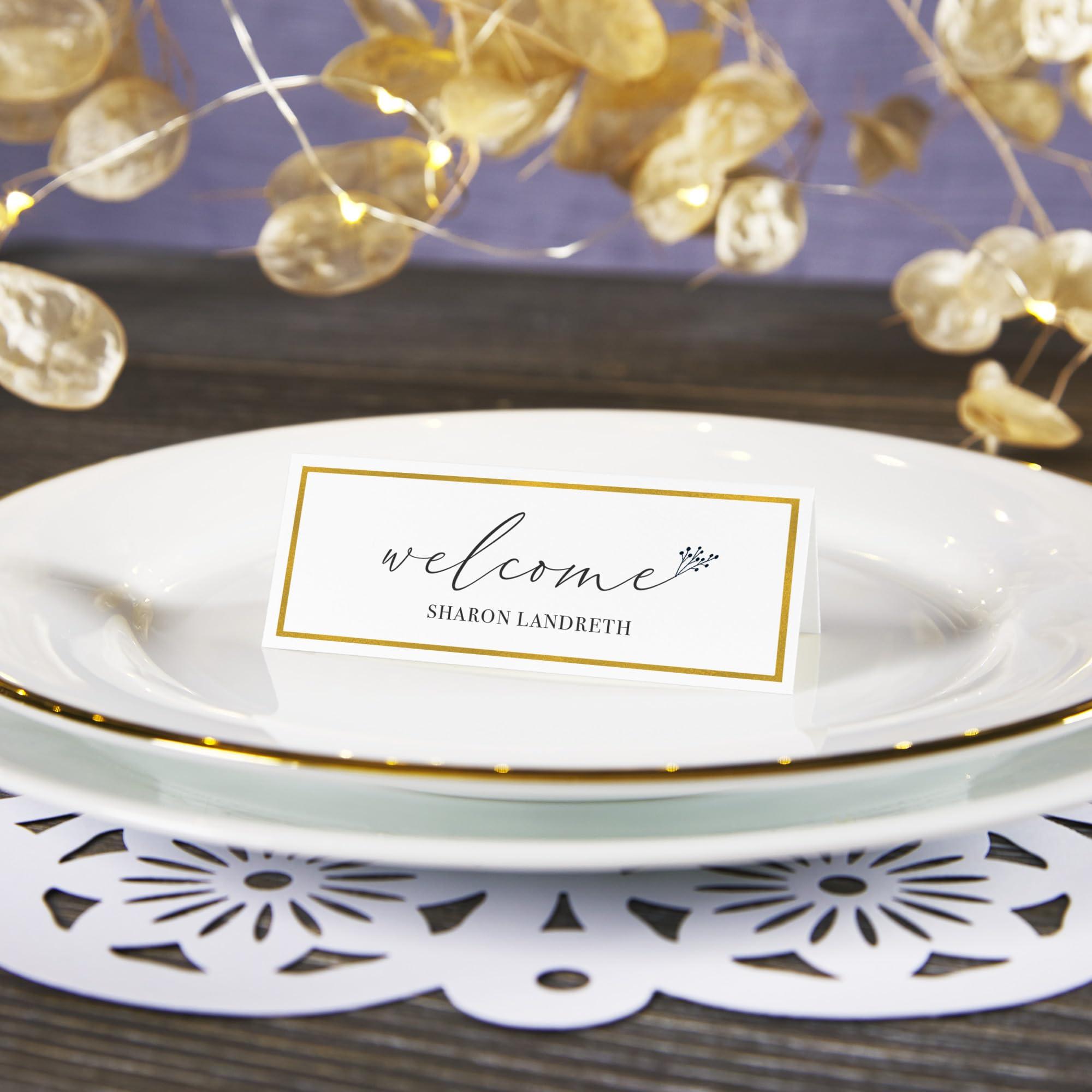 AVERY Avery Printable Place Cards with Sure Feed Technology, 1-7/16\" x 3-3/4\", White with Gold Border, 150 Blank Tent Cards for Laser or Inkjet Printers (35701)