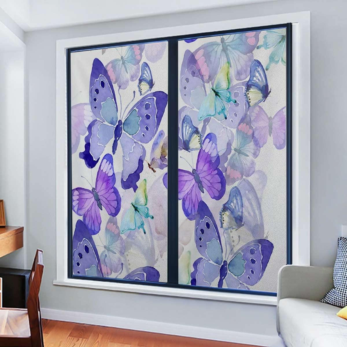 HomeLoft Basics Frosted Privacy Window Film No Glue Glass Door Film Stained Glass Window Tint Static Cling Heat Control Anti UV Freehand Butterfly Multicolor 29.5Wx78.7L-inch x2 Pcs