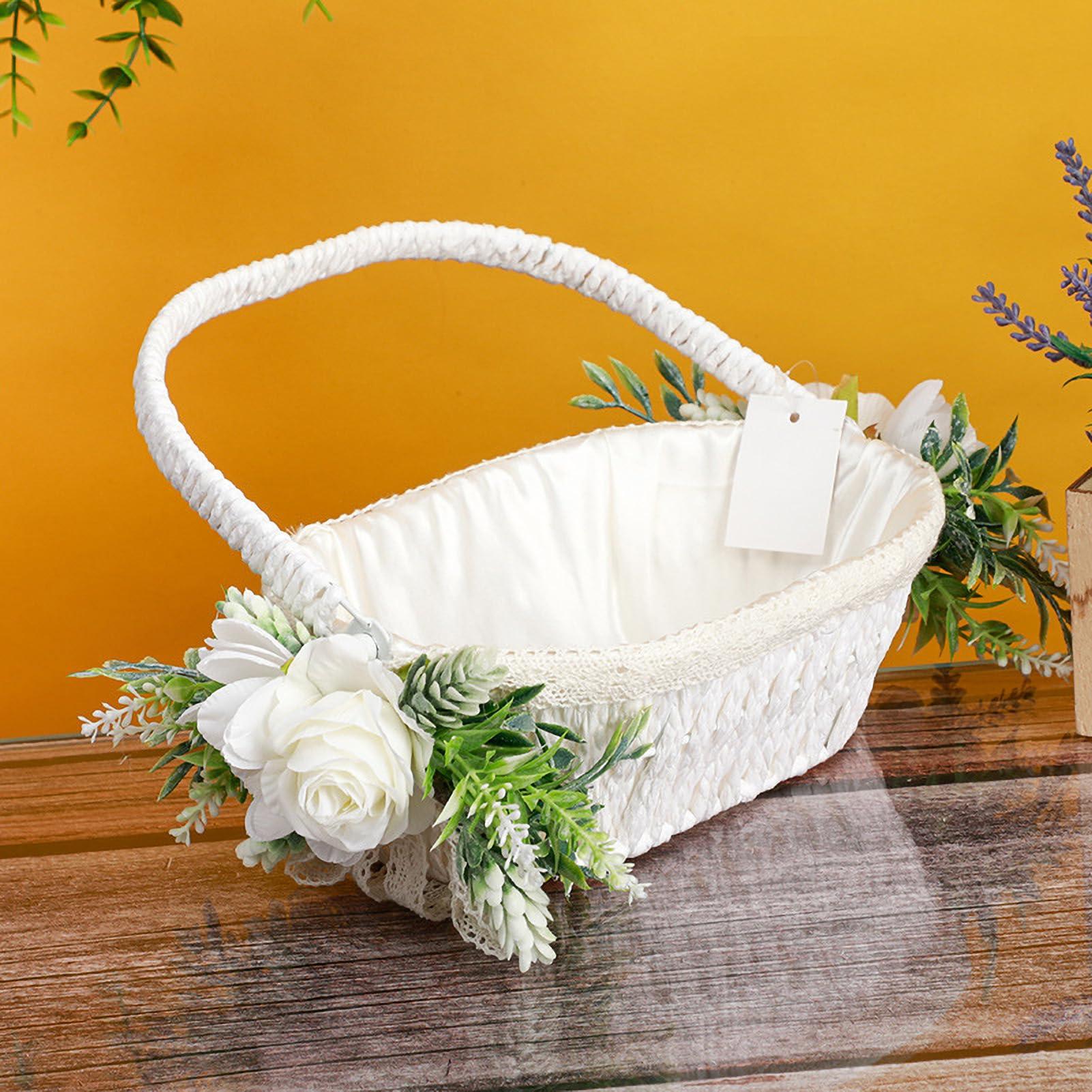 MEUMITY MEUMITY 2Pcs Flower Girl Basket Handmade Rattan Basket with Handle Flower Girl Baskets for Weddings Foldable Handle and Artificial Stain Flower Basket for Wedding Ceremony Party Decoration