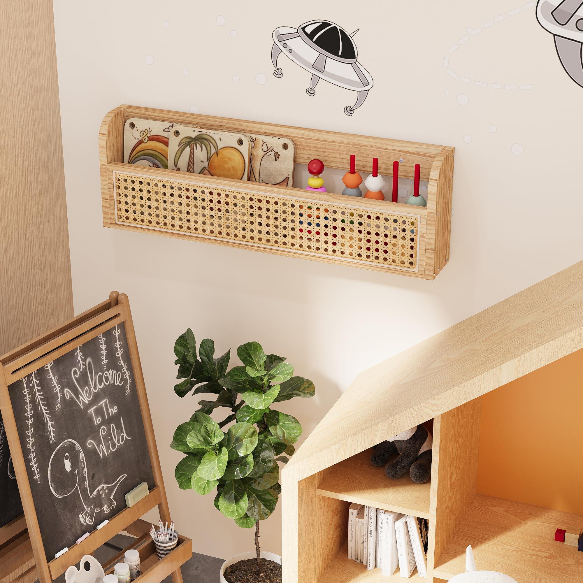 Ecowillon Ecowillon Wooden Rattan Wall Shelf - 24 Nursery Hanging Book Shelves for Wall, Picture Ledge Wicker Shelf, Boho Decorative Shelves for Netural Nursery Decor, Floating Rattan Shelf for Office,Bedroom