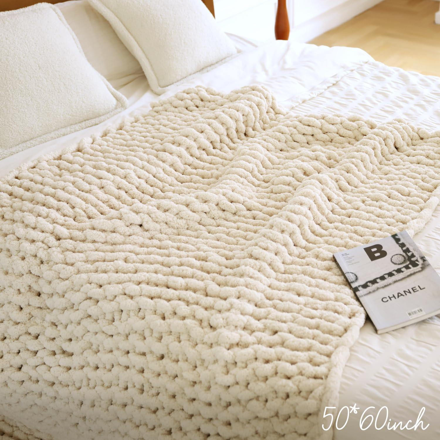MOSDECEN Beige Chunky Knit Throw Blanket, Soft Cream Knit Throw Blanket for Couch Ivory Hand Knitted Throw Blanket Thick Boho Chunky Throws for Bed Sofa Cable Knit Blankets Crochet Chenille Blankets 50x60\'\'
