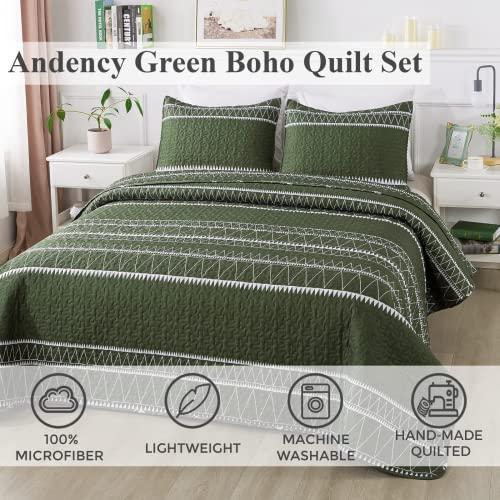 Andency Andency Green Quilt Set Oversized King (114x120 Inch), 3 Pieces(1 Striped Triangle Printed Quilt and 2 Pillowcases), Bohemian Summer Lightweight Reversible Microfiber Bedspread Coverlet