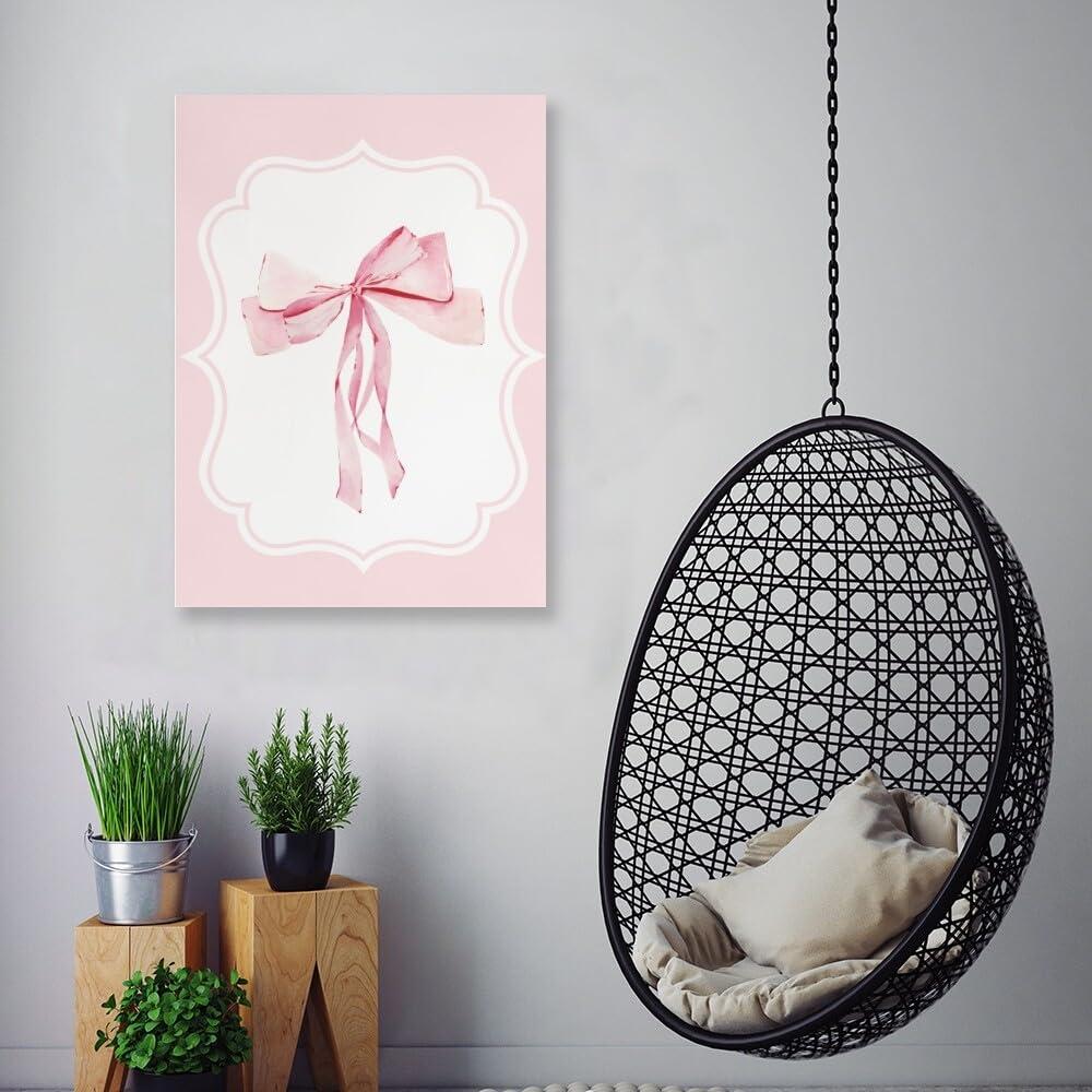 Generic Pink Bow Poster Coquette Wall Art Preppy Pink Coquette Bow Canvas Print Oil Painting Wall Art Preppy Poster Trendy Preppy Wall Art Teenage Girl Room Bedroom Wall Decoration12x18inch Unframed