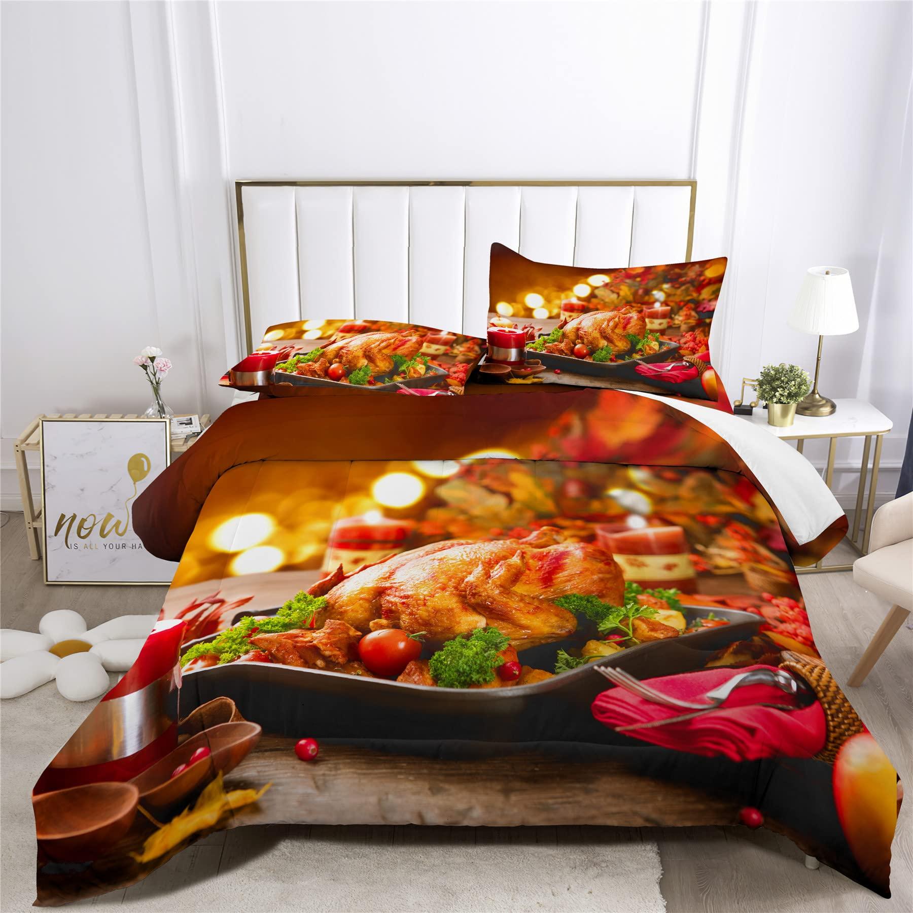 XIICOO XIICOO Cartoon Turkey Thanksgiving Day Comforter Set Funny Rooster and Hen Domestic Bedding Set 1 Comforter+2 Pillowshams(3Pcs) or Sheet (4Pcs) (A,TWIN-4PCS)