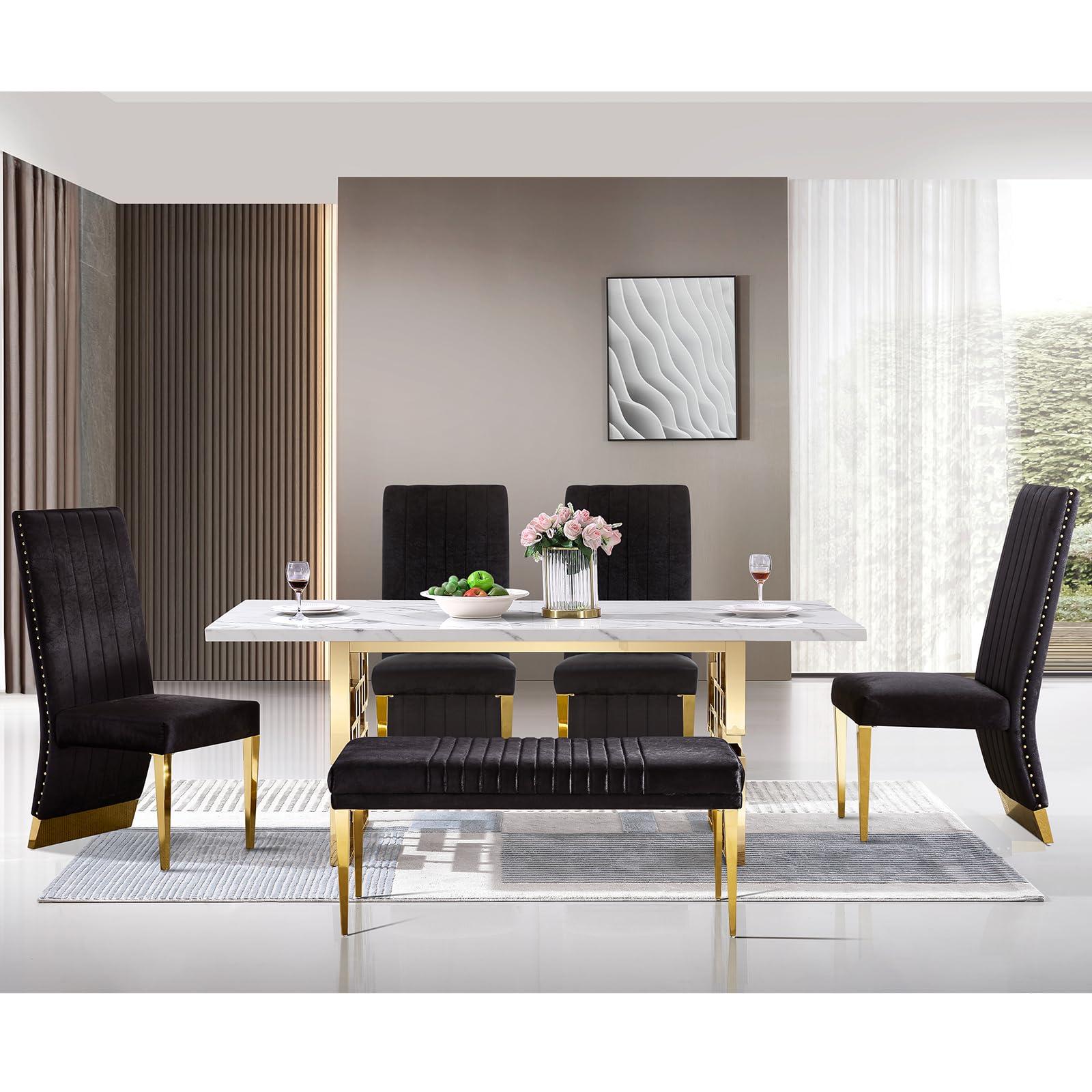 AUZ AUZ 44\" Bench, Black Velvet Upholstered Dining Room Bench, Vertical Channel Ottoman with Gold Stainless Steel Legs